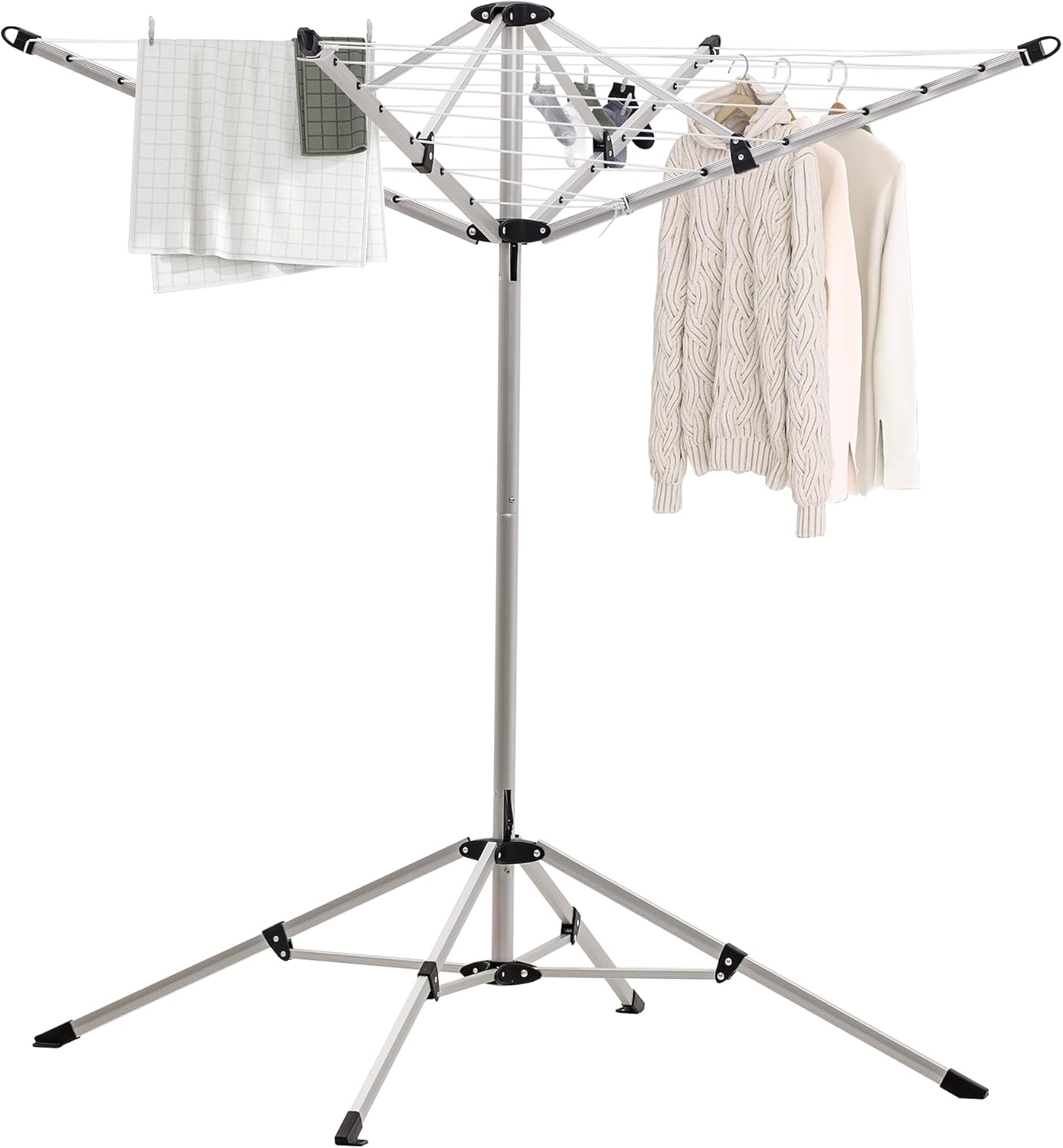 Rotary Outdoor Umbrella Drying Rack, Retractable Indoor Outdoor Drying Rack, Height Adjustable,65 ft. Clothesline with 4-Legs