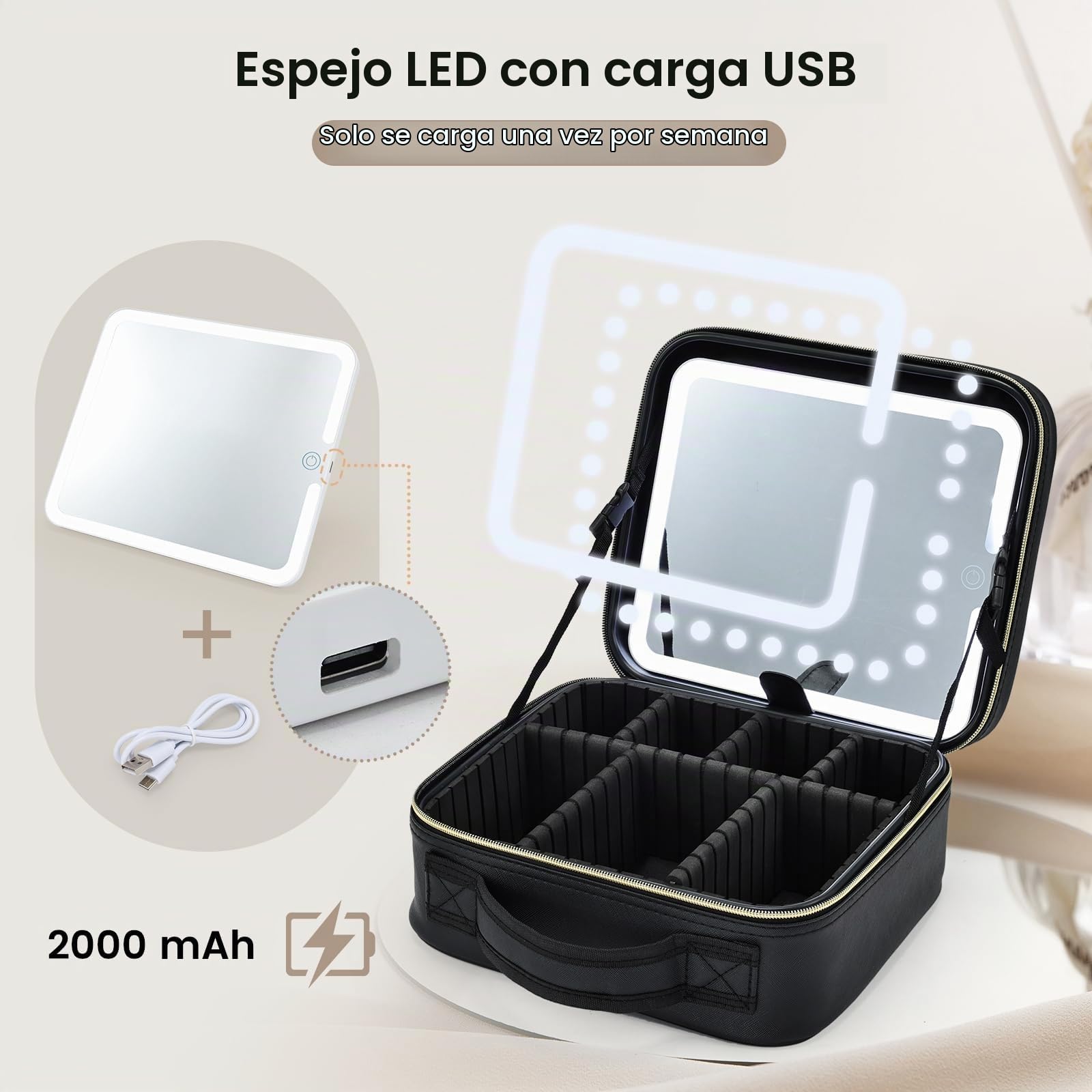 Neceser de Maquillaje Maletín de Maquillaje Gran Capacidad con Espejo Iluminado 3 Modos Organizador de Cosméticos Ajustable Estuche de Viaje para Mujer, Negro
