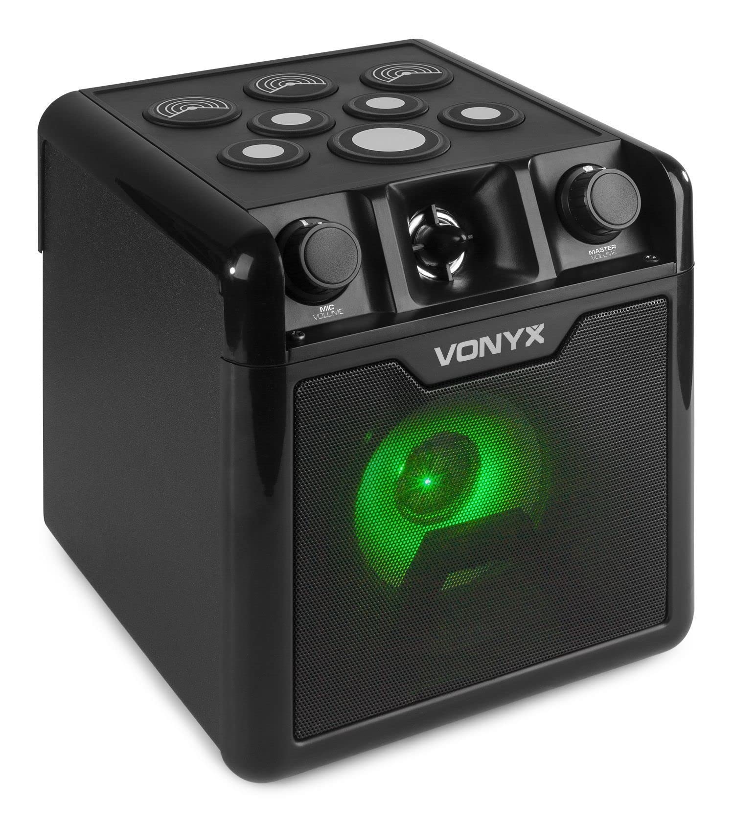 Vonyx SBS50B-DRUM Karaoke Maschine für Kinder mit Drum Pads, inkl. Mikrofon, Bluetooth, Party Lautsprecher mit Fingertrommel, Akku Lautsprecher, Percussion Felder, Karaoke Anlage, Musik Box, Schwarz