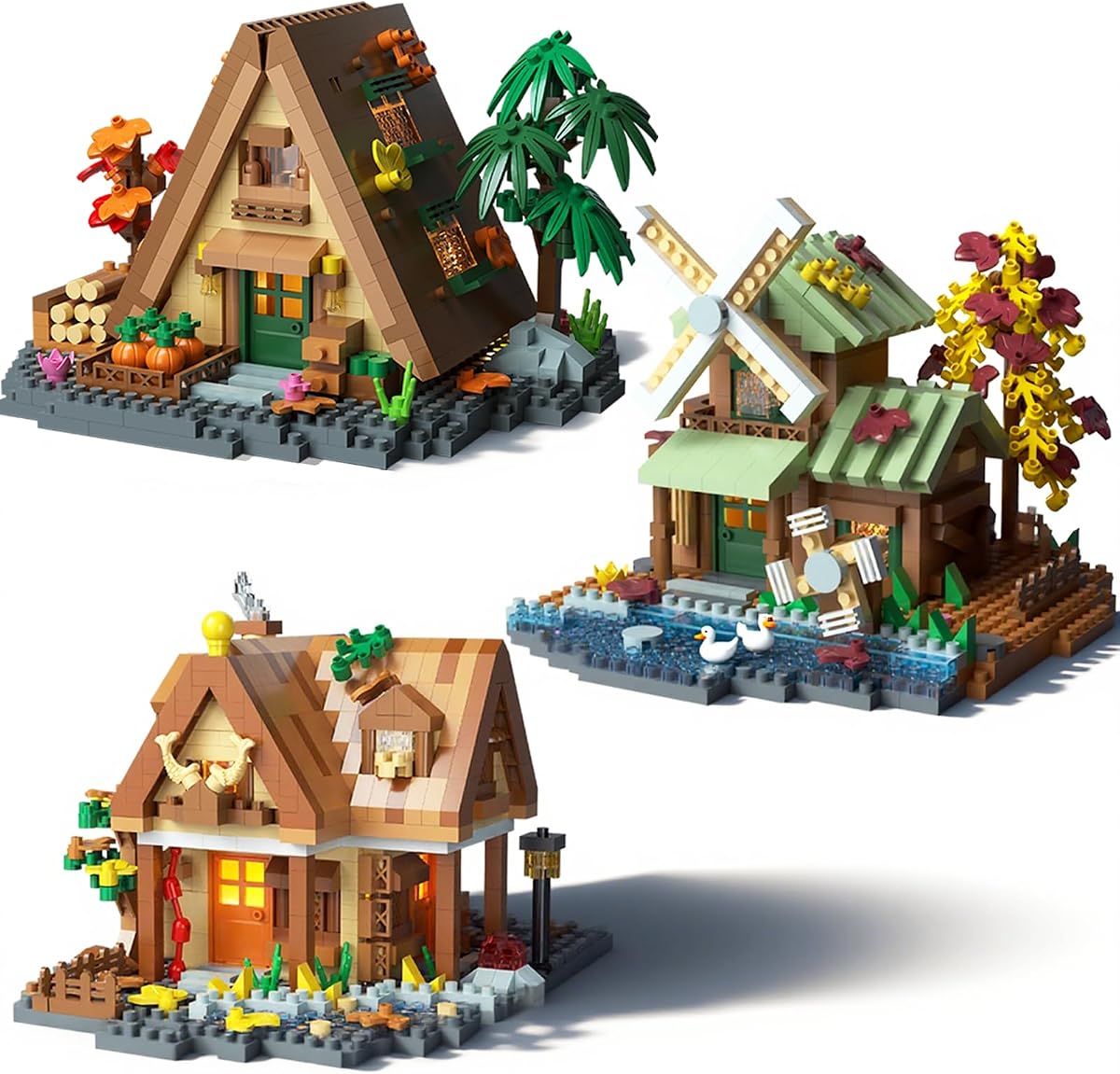3 Mini Wooden Cabins Micro Building Blocks Toy Set, A-Frame House-Mountain Treehouse-Windfall Architecture Kit Not Compatible with Lego, Natural Construction Collection Gift for Adult, Teen(2000+PCS)