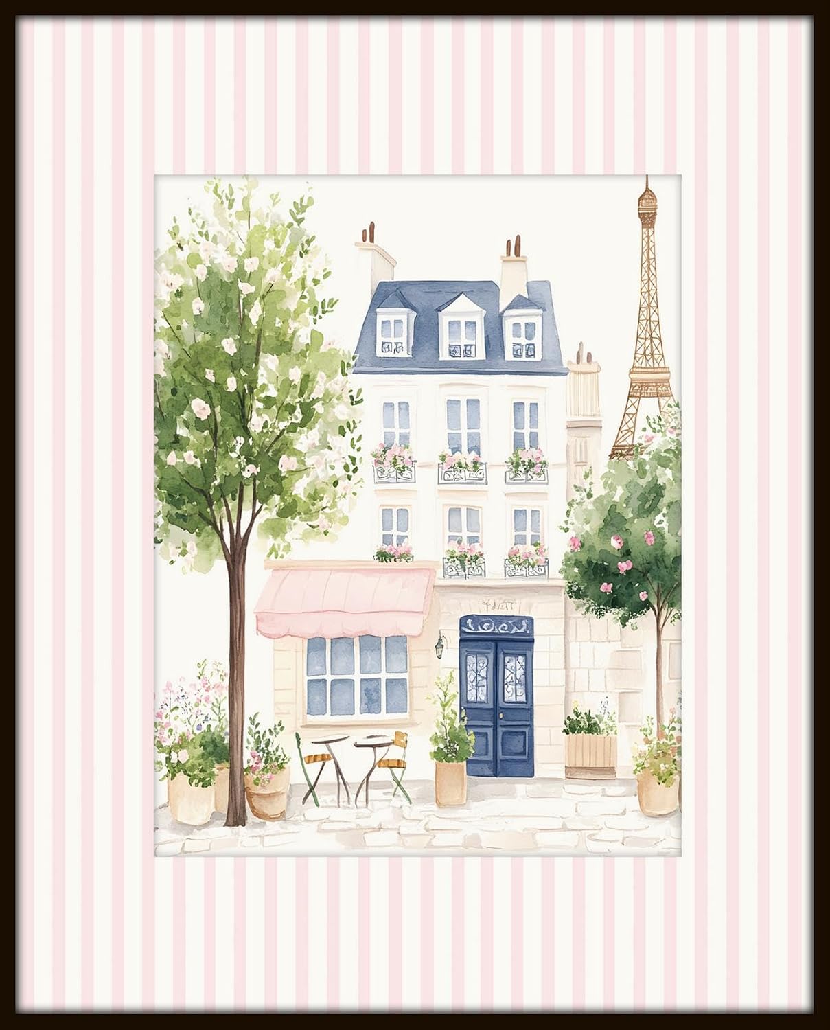 Belle Maison Art Paris Pink Striped Print Set No. 1, Nursery Prints Wall Decor for the Baby Nursery, 5X7 SET OF 4, Smooth Matte Paper Prints, Unframed