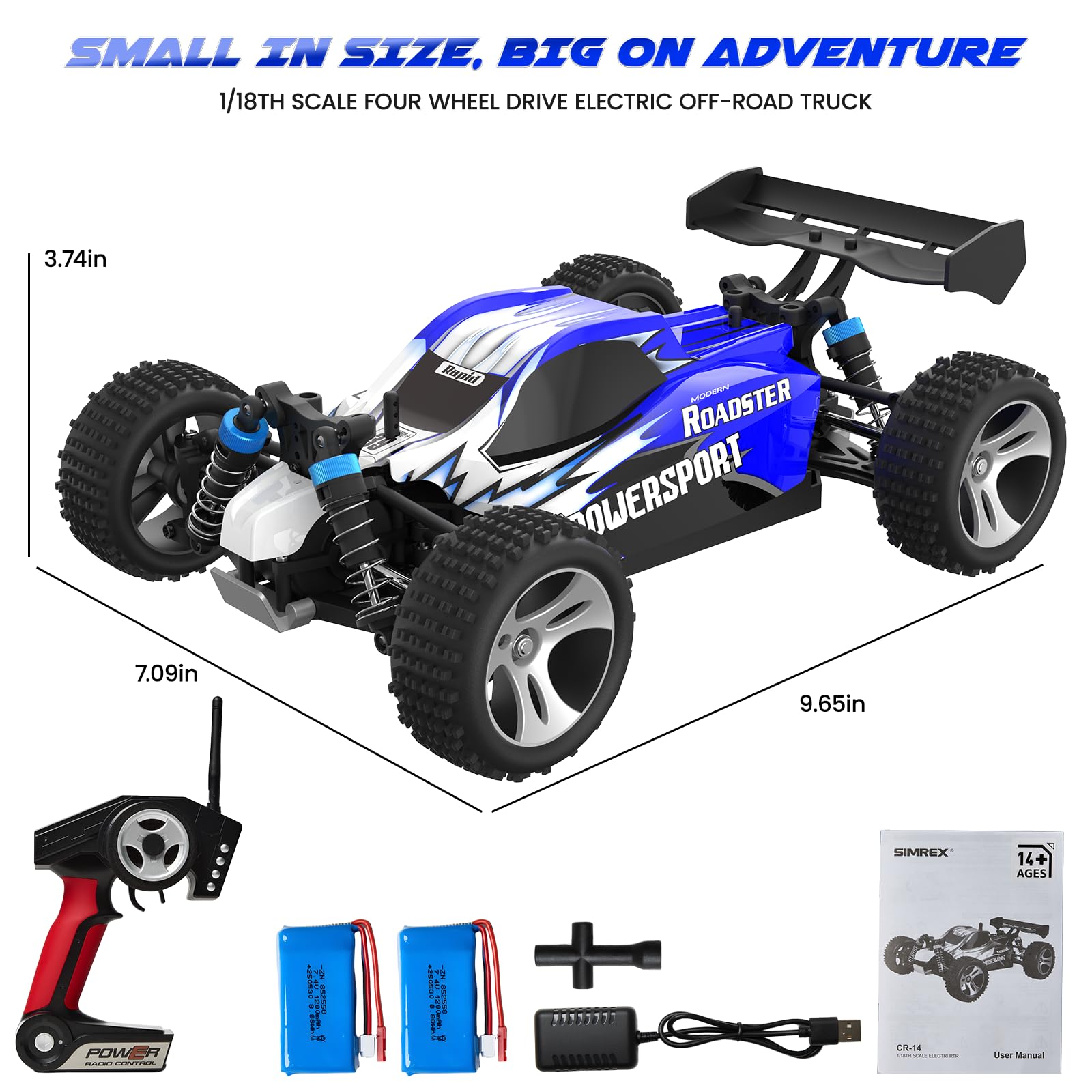 SIMREX Voiture télécommandée Tout-Terrain 1:18, 45 km/h, 4WD avec télécommande 2,4 GHz, Voiture RC avec 2 Batteries Rechargeables, Cadeau pour Enfants et Adultes, Bleu