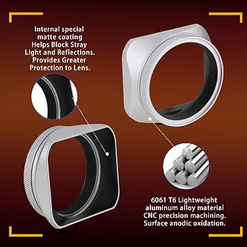 Haoge Square Metal Lens Hood for Fujifilm X100VI with 49mm UV Filter Adapter Ring & Metal Cap Kit Camera Accessories Silver