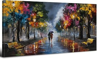Colorful City Street Canvas Wall Art Abstract Trees Landscape Wall Decor Graffiti Abstract Couple Under Umbrella Picture Watercolor Romantic Scenic Poster Modern Artwork for Bedroom Decorations 20x40”