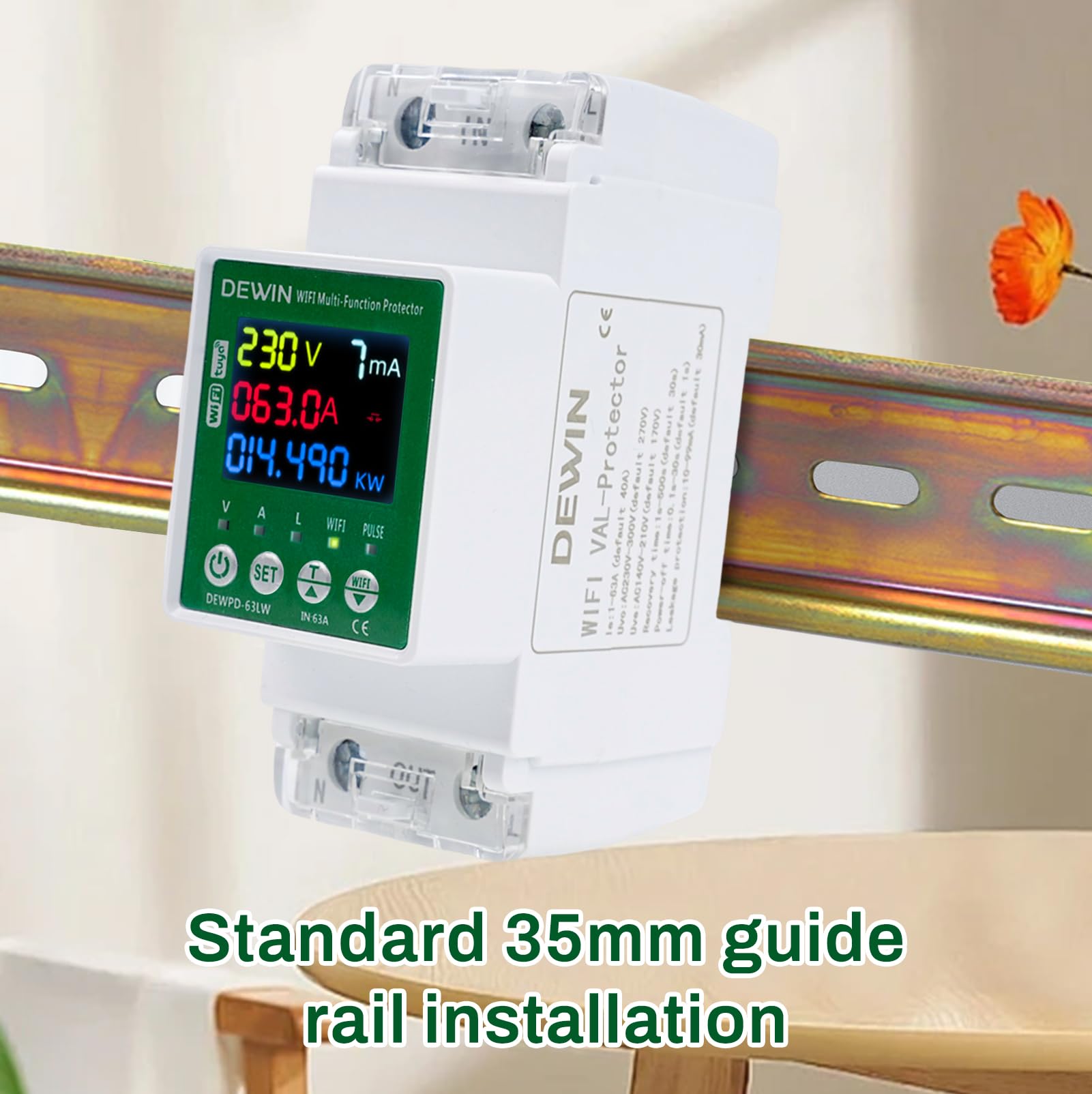 DEWIN Compteur d'électricité DIN Rail WiFi, Intelligent Tuya WiFi AC Compteur avec protection contre les fuites Protection contre les surtensions et les sous-tensions 63A AC 230V