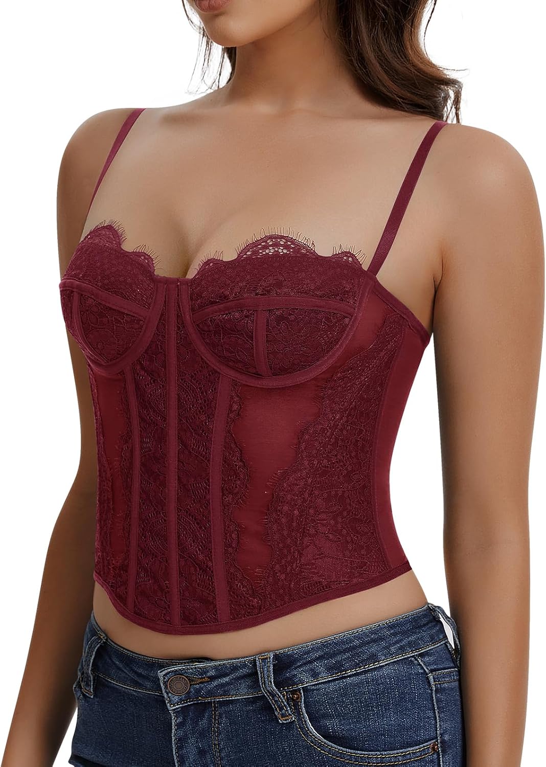 Werkiss Lace Corset Tops for Women Sexy Going Out Bustier Top Sleeveless Adjustable Straps Crop Tops with Back Hooks