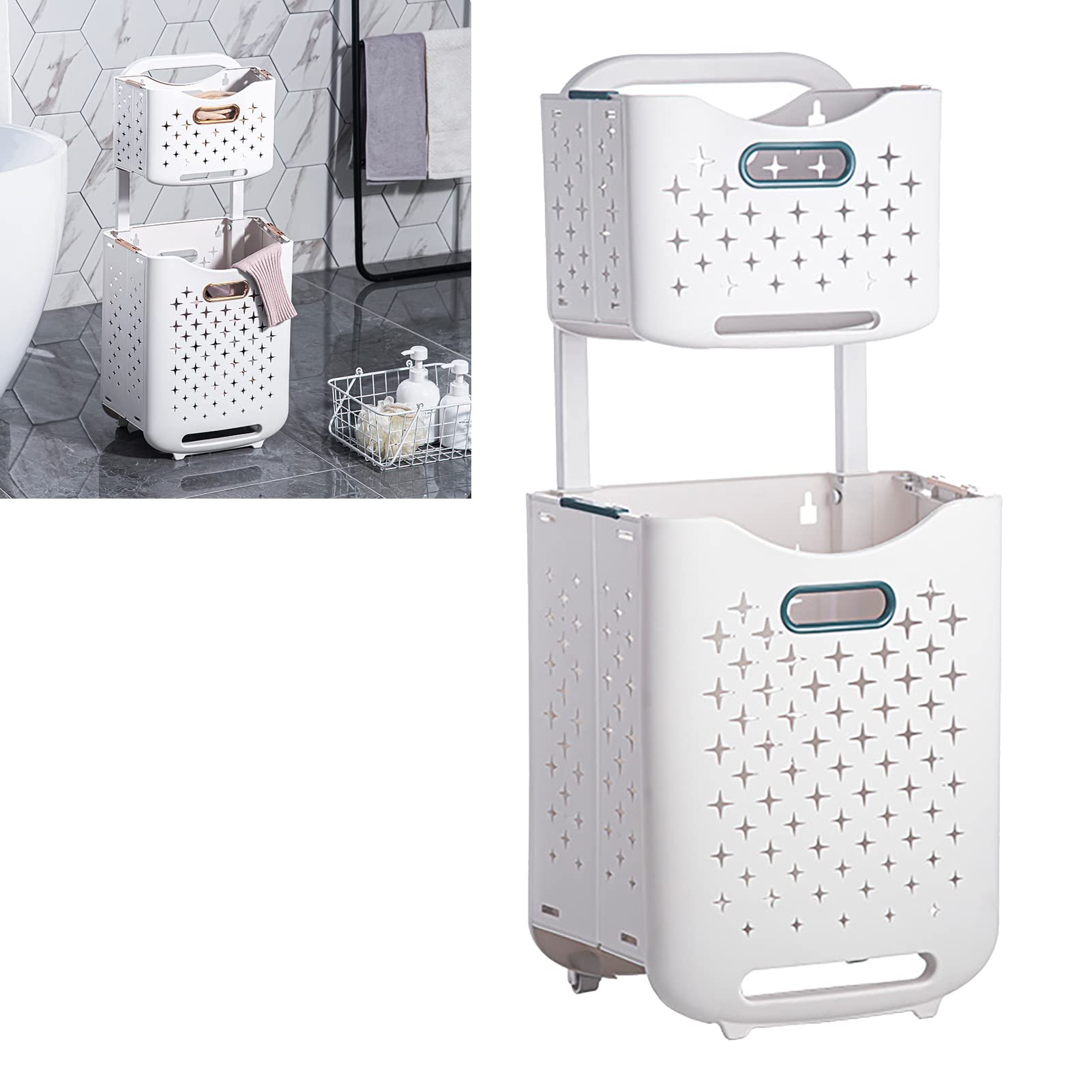 Cesto Portabiancheria Pieghevole Organizzatore di Stoccaggio Pieghevole Portatile per Casa e Hotel Materiale PP Impermeabile di Grande capacità (Combinazione Blu Mare)