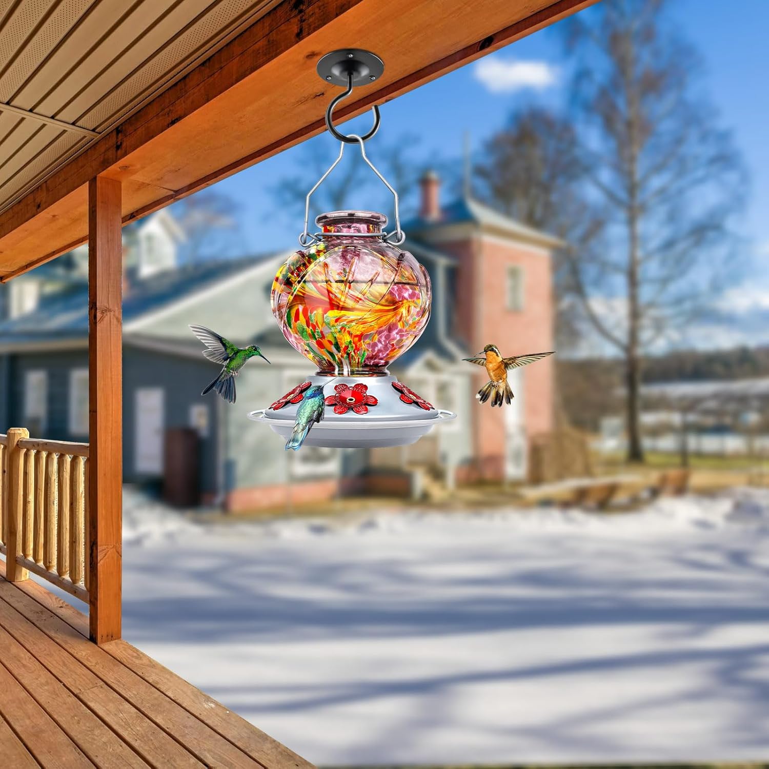 BOLITE Hummingbird Feeder, Hand Blown Glass Hummingbird Feeders for Outdoors Hanging, with Ant Moat and 5 Feeding Ports, 22 Ounces, Peony Flower Shape, Purple, Gifts for Women Men, Gifts for Mom Dad - Image 2