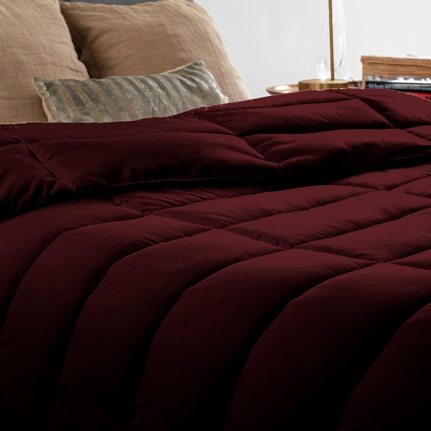 Tony's Textiles 5 Piece Luxury Long Box Pattern Comforter Set Premium |Super Soft 450 GSM All Season, 1000 Thread Count, 100% Egyptian Cotton, Full/Queen Size - Wine Color