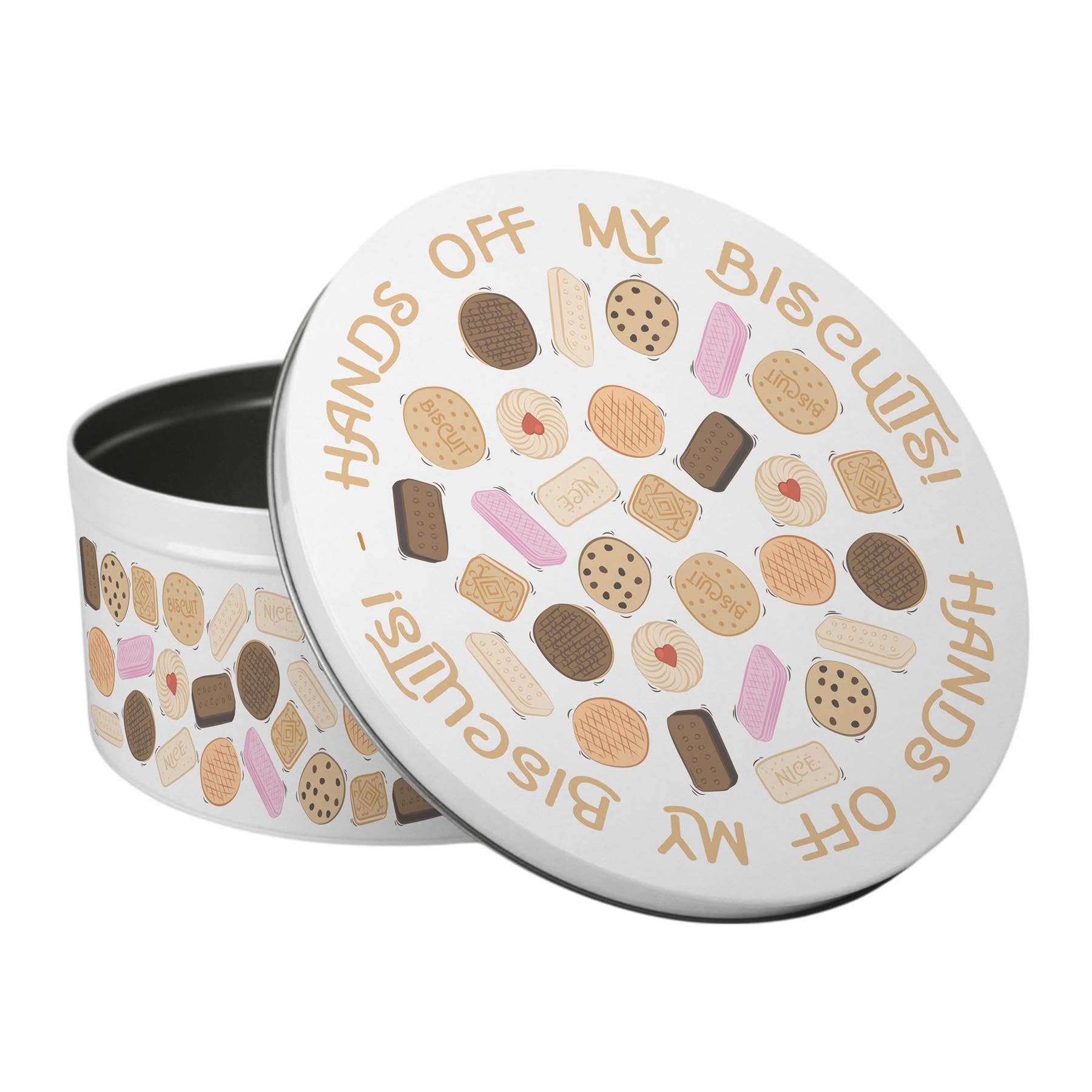 Purely Home Hands Off Novelty Cake Tin - British Biscuits Food Themed Gifts - Large Round Metal Kitchen Storage Container 23 x 10cm