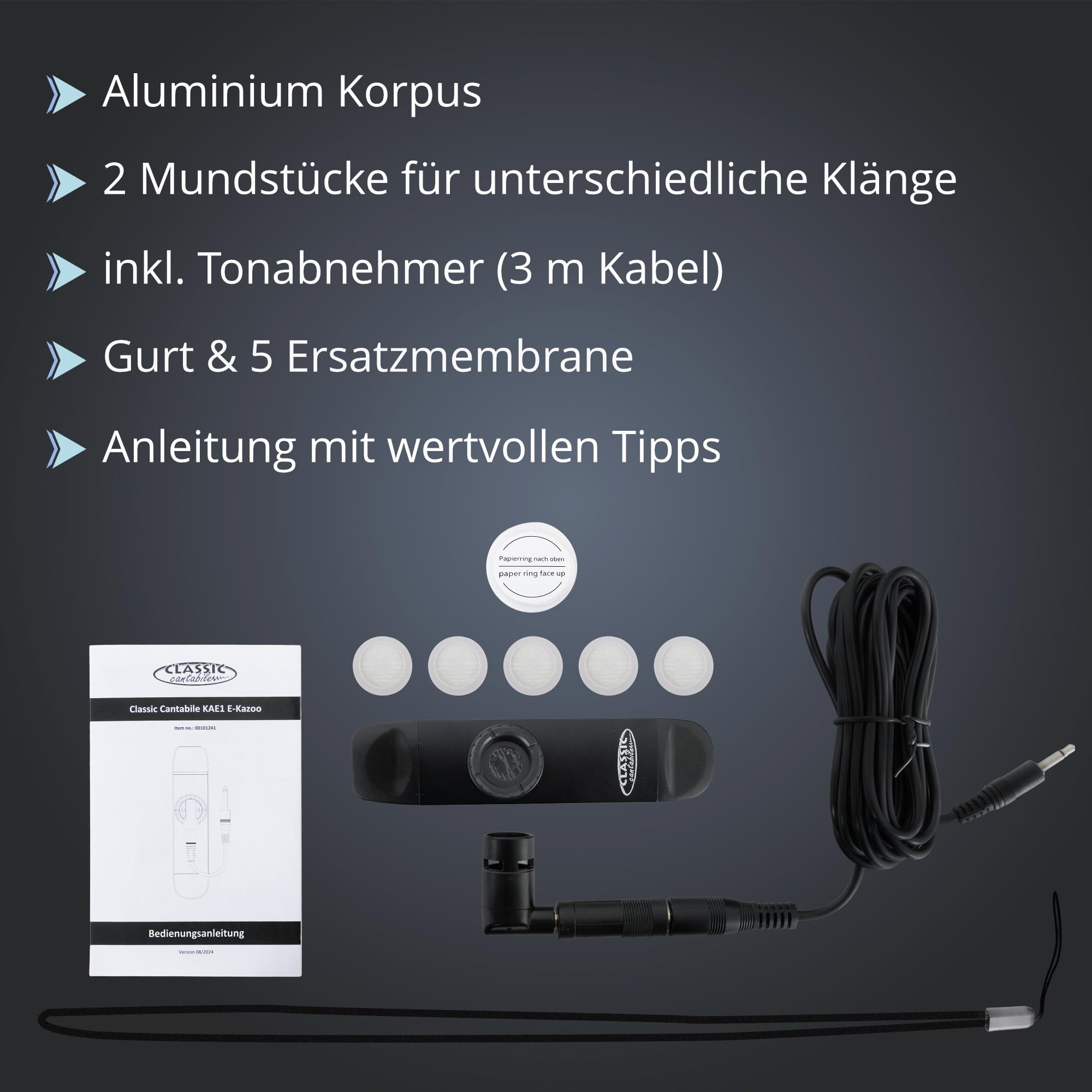 Classic Cantabile KAE1 E-Kazoo - instrument électrique en aluminium noir - avec micro, 2 embouts, réglage de membrane, 5 membranes de rechange & câble 3 m - pour scène, studio & sons créatifs
