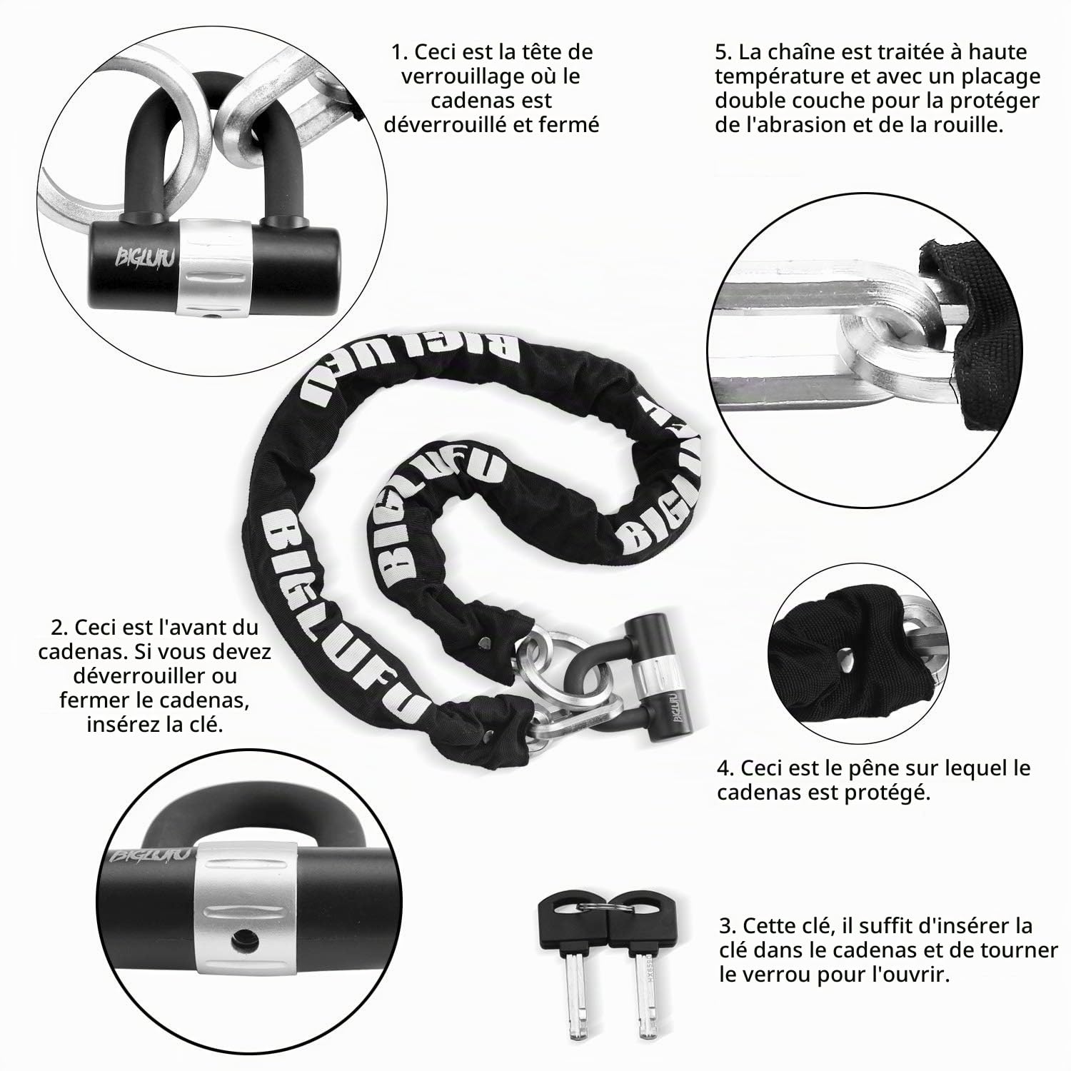 Antivol Velo Antivol Moto, argenté Chaînes Antivol Haute sécurité avec 4 clés, 100/120/150cm Longueur Antivol de moto Chaîne 10/12/15mm Dia avec Cadenas en U