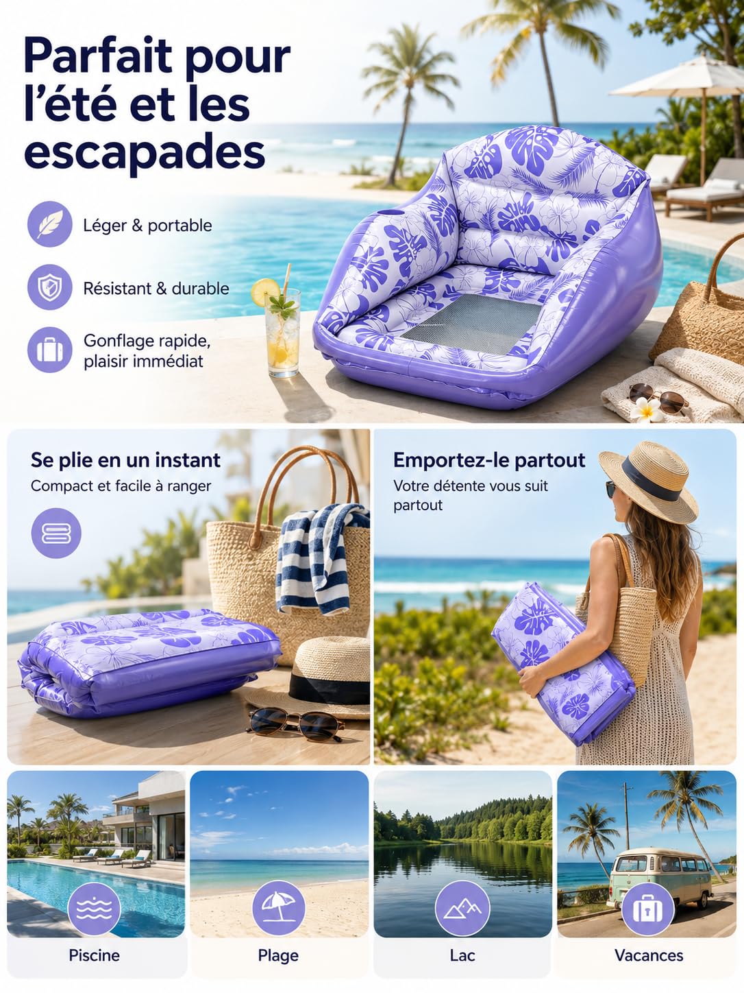 Fauteuil Flottant pour Piscine | Fauteuil Piscine Gonflable, Le Fauteuil Flottant Premium 4 en 1,Matelas et Fauteuil Flottant pour Adultes, Plage et Vacan