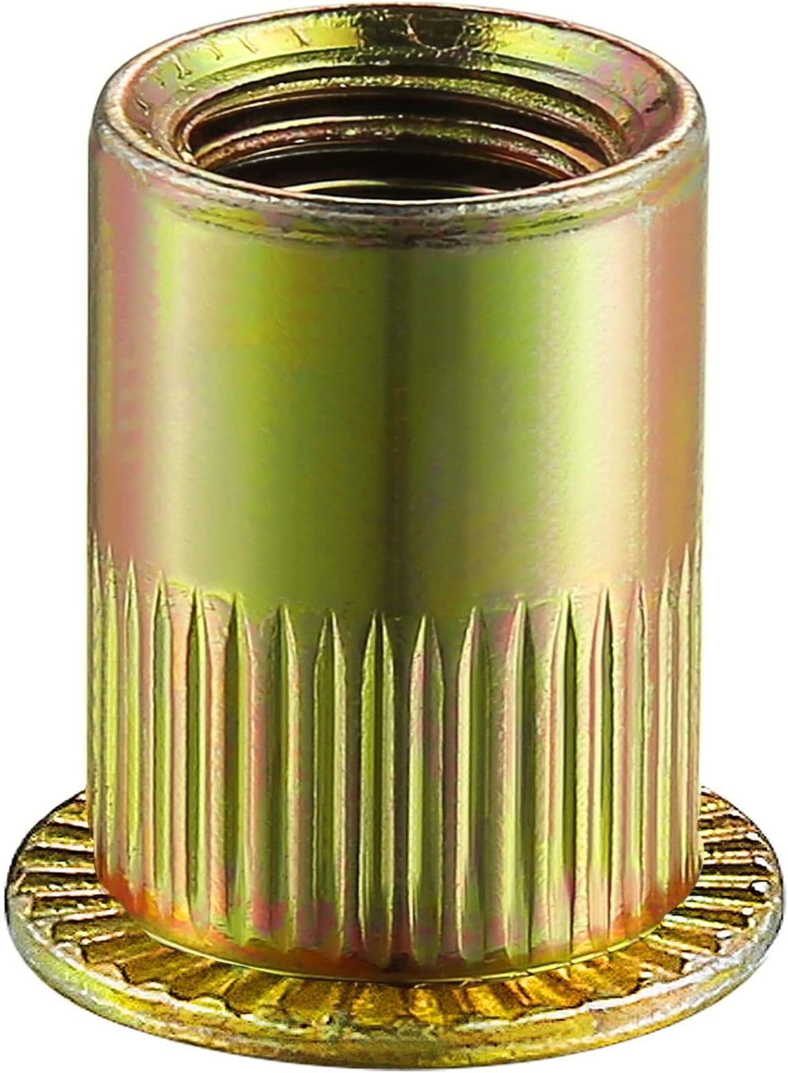 Rivet Nut 10-32UNC 200Pcs Yellow Zinc Plated Finish Flat Head Rivnut Threaded Insert Nut Knurled Body