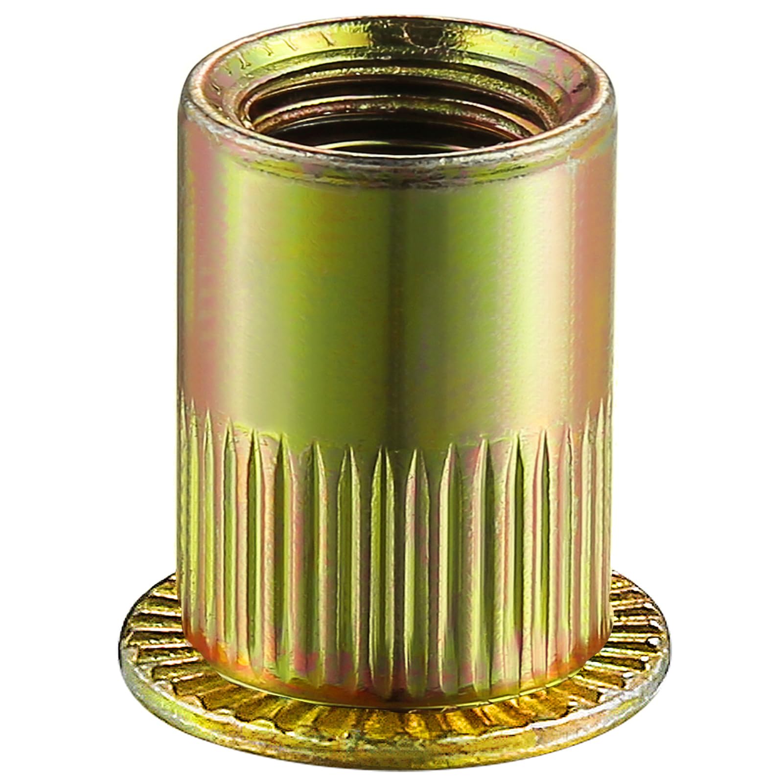 Rivet Nut 10-32UNC 200Pcs Yellow Zinc Plated Finish Flat Head Rivnut Threaded Insert Nut Knurled Body
