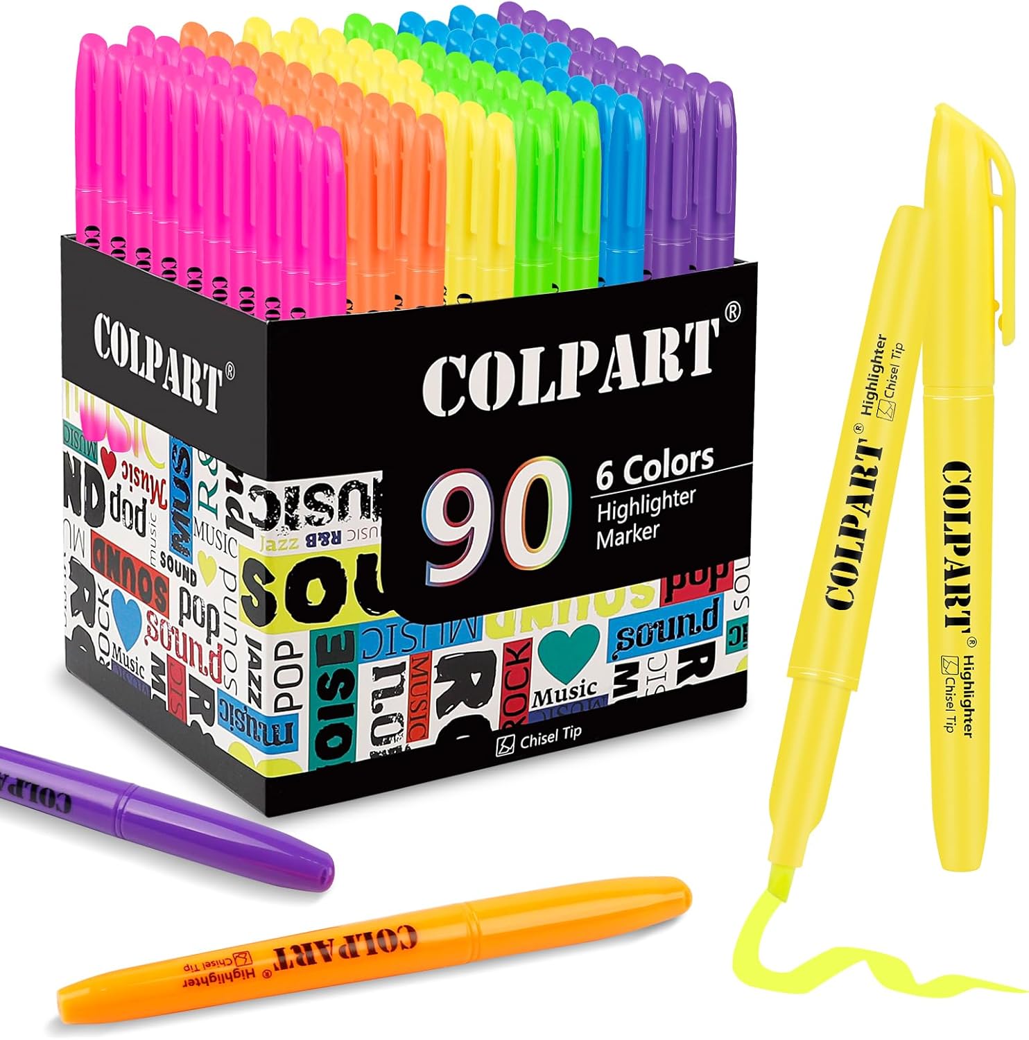 colpart Highlighters Assorted Colors Chisel Tip 90 Pack