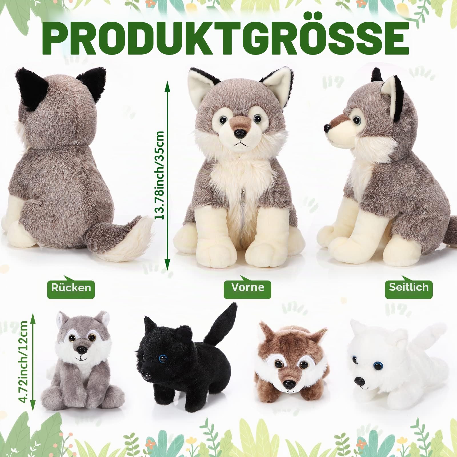 Honoson 5 Stück Wolf Kuscheltiere Set 35 cm Mama Wolf Plüschtier mit 4 Süßen Baby Wölfen Stofftieren in Ihrem Bauch mit Reißverschluss für Jungen Mädchen Geburtstag Party Geschenke (Süß)