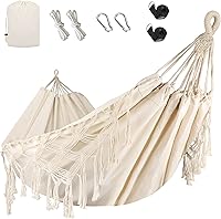 Bellzacasa Double Hammock with Tassels & Fishtail Knitting - 550lb Capacity, Straps & Bag Included - Beige for Camping, Patio, Backyard