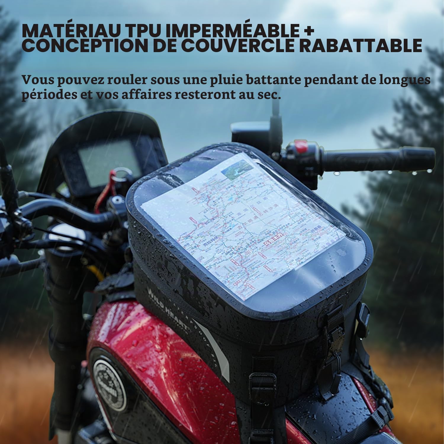 WILD HEART Sac De RéServoir De Moto ComplèTement éTanche Sac De Moto Universel Grande Capacité 8l pour La Moto (Couvercle Transparent Noir)