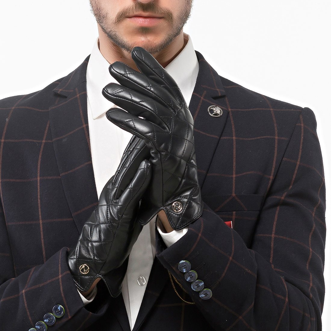 Nappaglo Men's Genuine Nappa Leather Quilted Stitch Winter Gloves Touchscreen Driving Mittens with Long Fleece Lining (L (Palm Girth:8.5