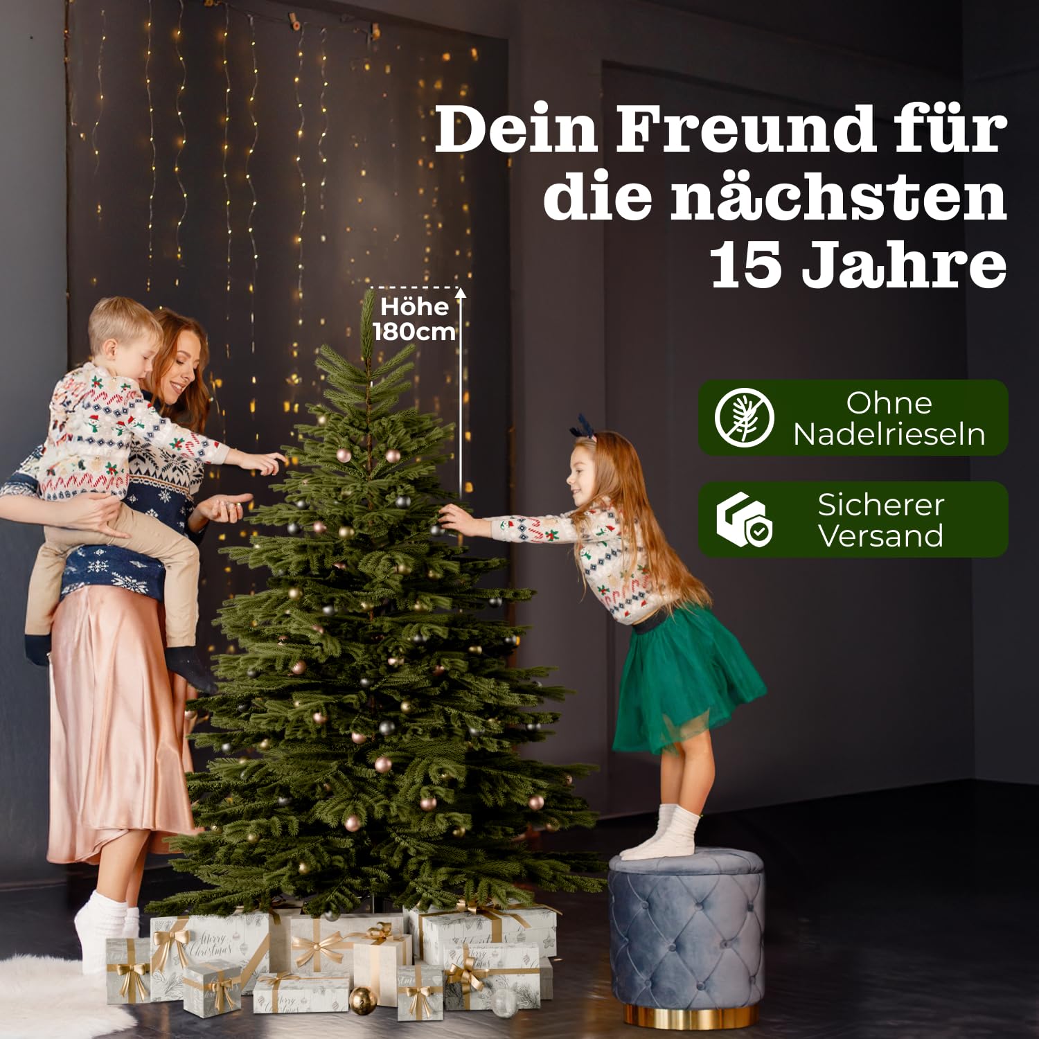 Künstlicher Weihnachtsbaum mit Beleuchtung | 180 cm | 400 LED | Weihnachtsbaum künstlich wie echt | LED Weihnachtsbaum inkl. Metallständer und Aufbewahrungskarton | Tannenbaum künstlich wie echt