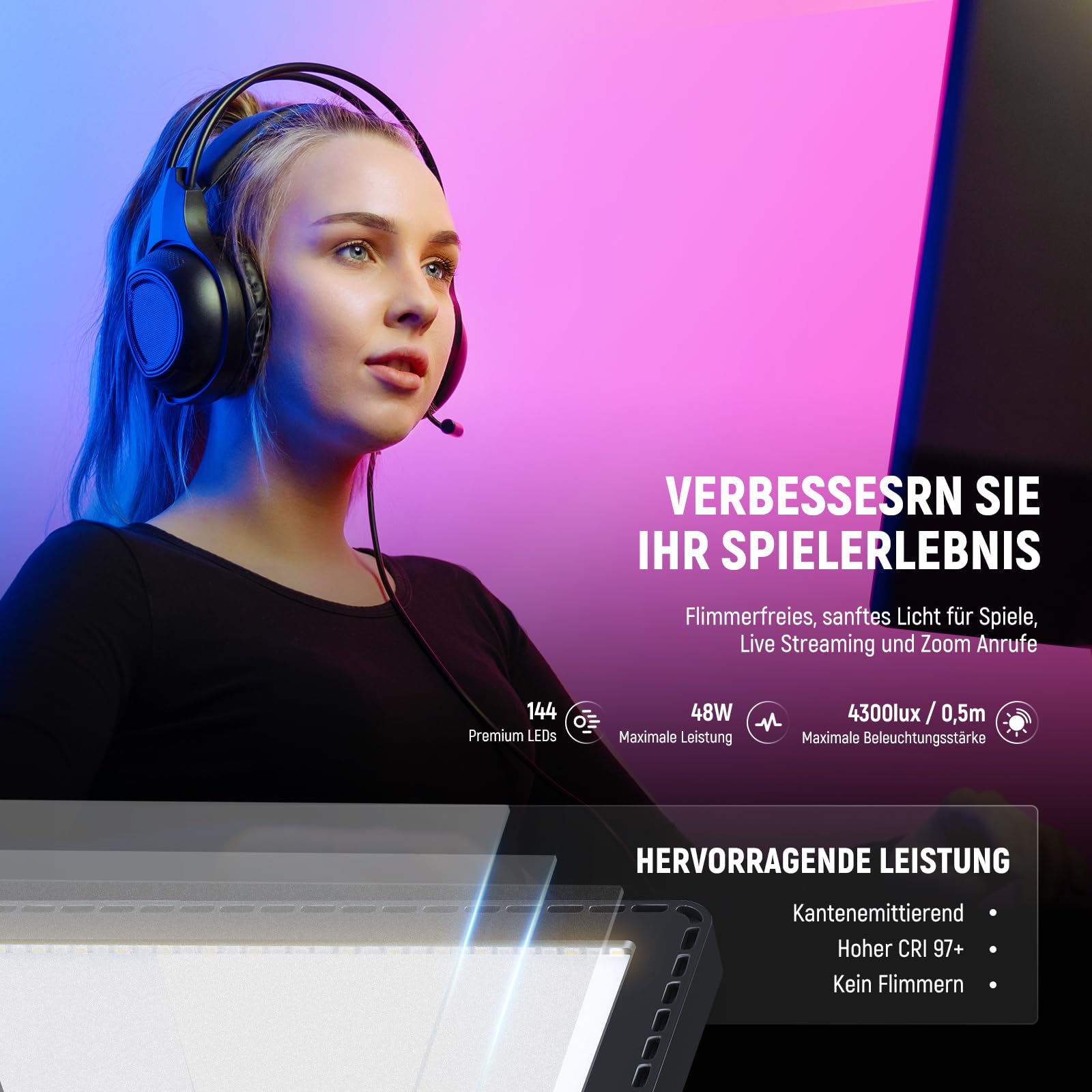 NEEWER GL1C RGB 15.5" Key Light, 48W LED Panel Licht, weiches Videoleuchte Streaming Gaming Videokonferenzen mit 2,4 G PC/Mac iOS/Android APP/WiFi/Stream Deck Steuerung, 2900K–7000K, 18 Szenen