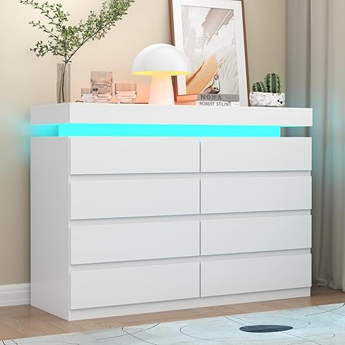 8 Drawer Dresser with Power Outlet, Dresser with LED Light, Modern Chest of Drawers for Closet, Double Wide Drawer Organizer Cabinet for Bedroom, Living Room (White, 8 Drawers)