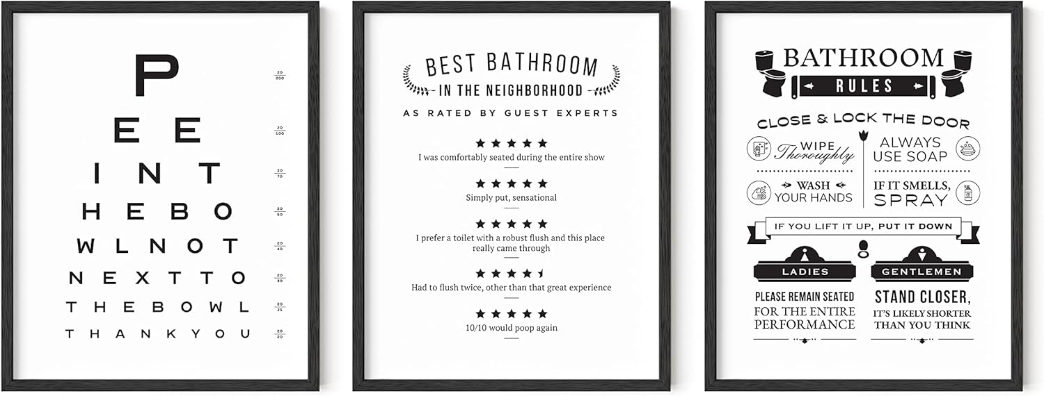 HAUS AND HUES Funny Bathroom Signs - Wall Art Prints, Bathroom Rules Wall Decor (16x20, Framed Black)