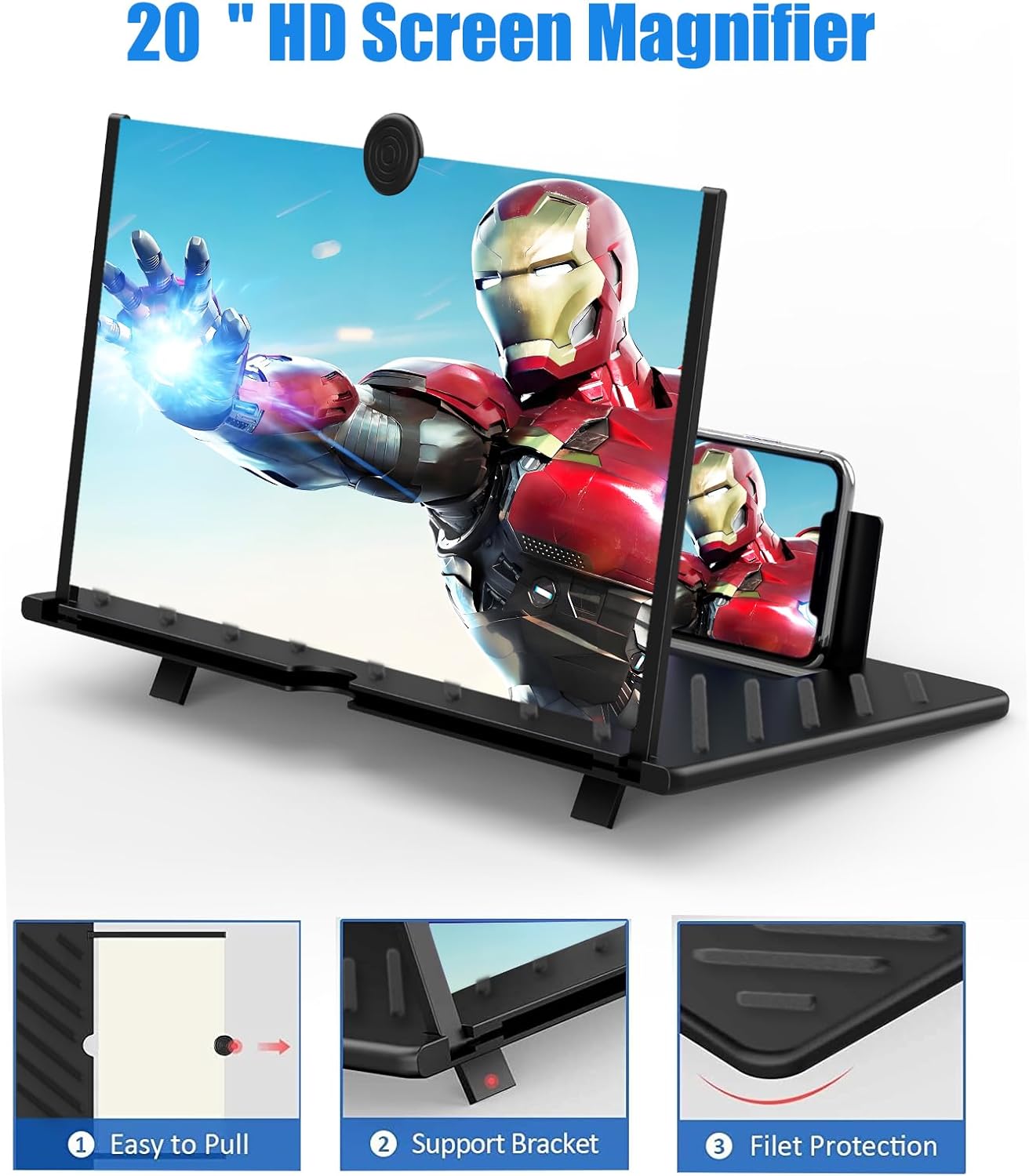 20" Screen Magnifier for Smartphone,3D HD Screen Enlarger for Movies, Videos, and Gaming,Screen Magnifier with Adjustable Angle Design Amplifier Desktop Magnifying for Seniors Reading(Black, 20 Inch)