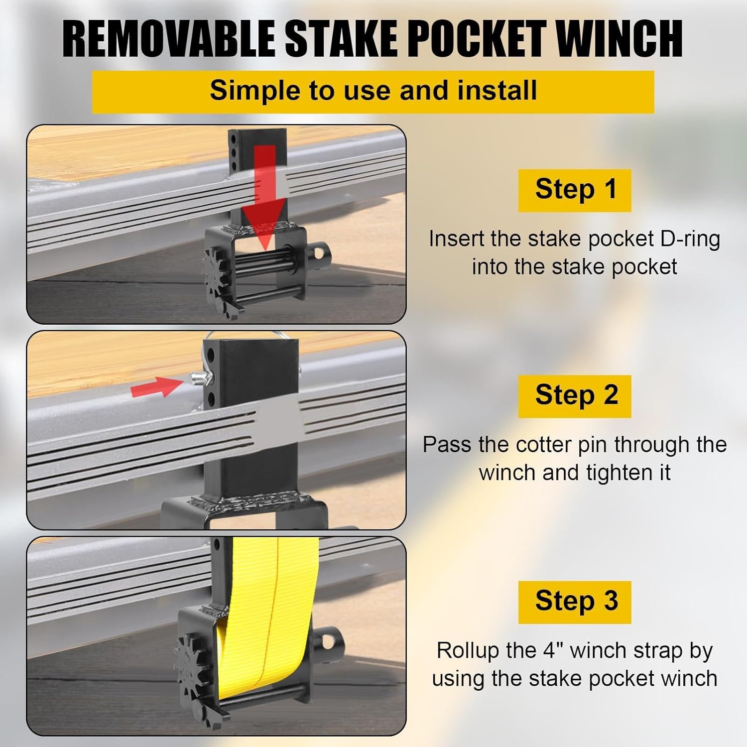 4 Pack Heavy-Duty Trailer Stake Pocket Winch with d-Ring, Portable Flatbed Tie-Down Anchor for 2"-4" Straps, Fits Standard Winch Bar