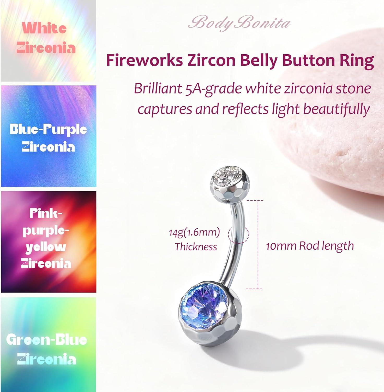 BodyBonita Color-Shifting Zircon Belly Button Ring 14G, G23 Titanium Internally Threaded Belly Button Piercing, Curved Barbell Belly Rings, Navel Rings for Women with 10/12/14/16mm Bar, Silver - Image 2