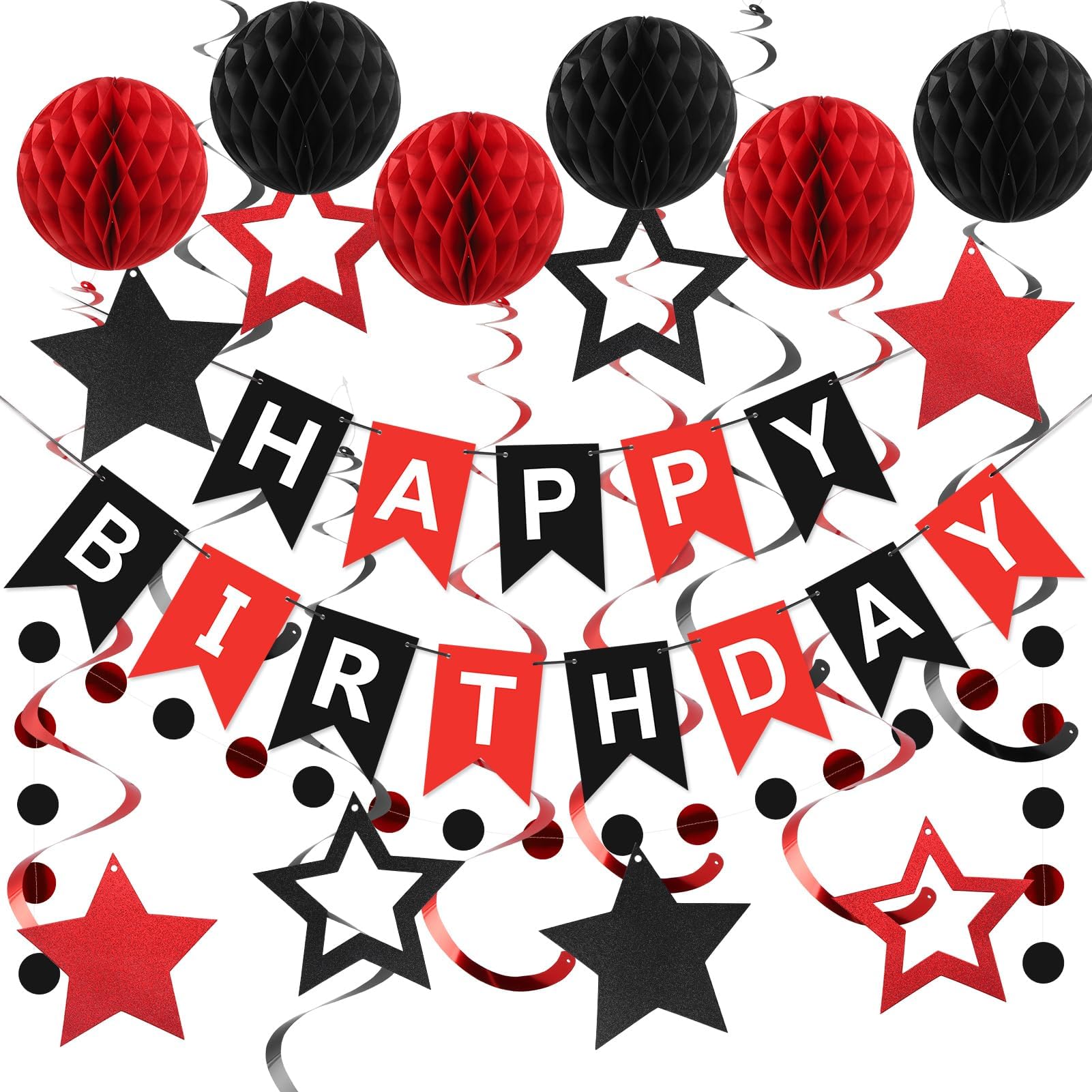 Rot und Schwarz Happy Birthday Girlande, Geburtstagsdeko für Erwachsene | Wiederverwendbar mit Wabenbällen, 8 Stern-Hängespiralen & Punktgirlanden, ideal für Innen- und Außen-Geburtstagspartys