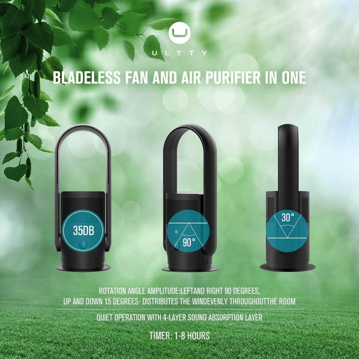 ULTTY Bladeless Tower Fan and Air Purifier in one, 90° Oscillating Bladeless Fan with Remote, Touch, 8H Timer, Floor Fans for Bedroom Whole Room Home Office, Black
