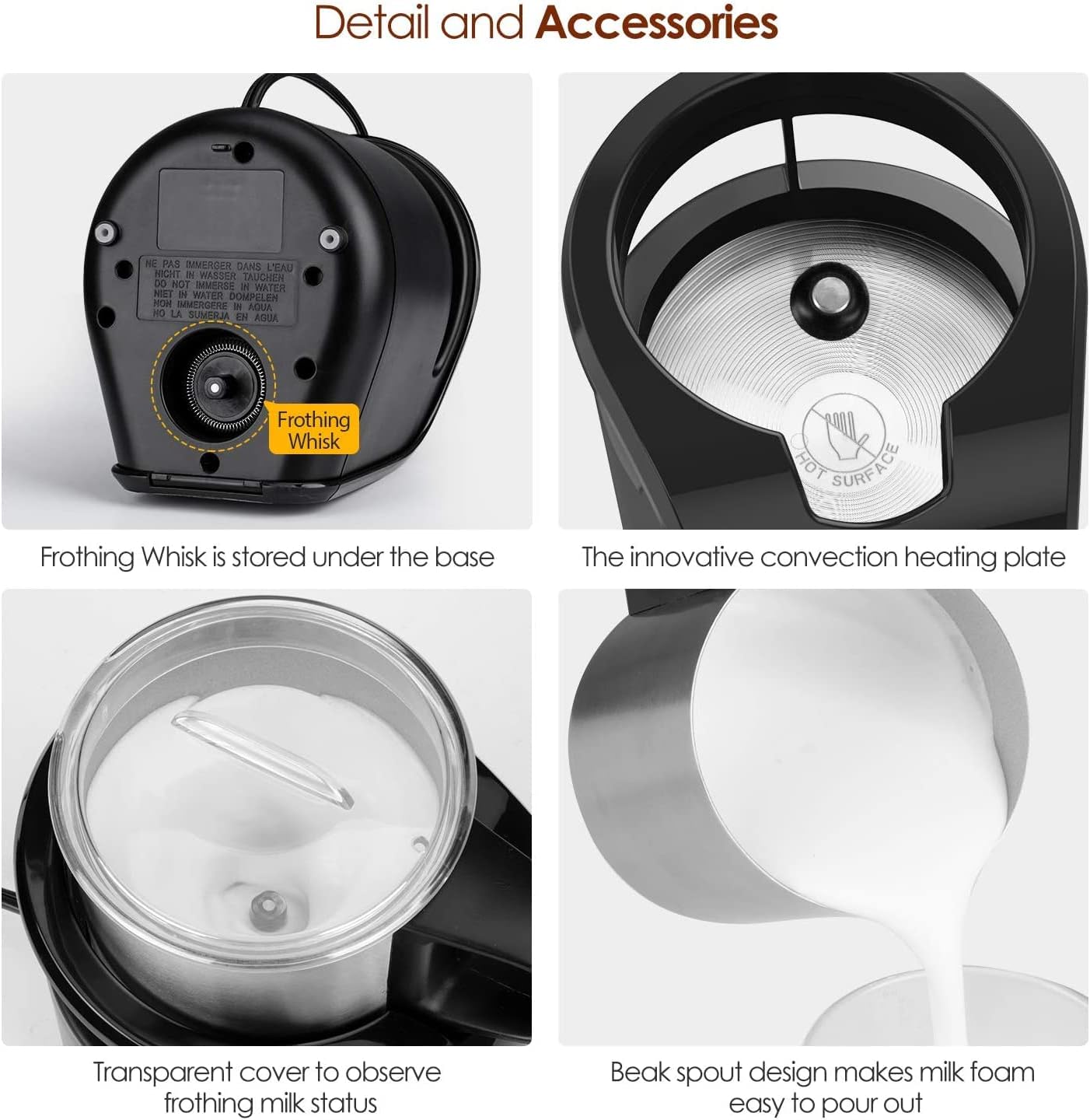 Milk Frother,4 IN 1 Detachable Electric Milk Steamer Stainless Steel,10.1oz/300ml Automatic Hot/Cold Foam Maker & Milk Warmer with 4 Modes for Latte/Cappuccino/Macchiato/Hot Chocolate Milk