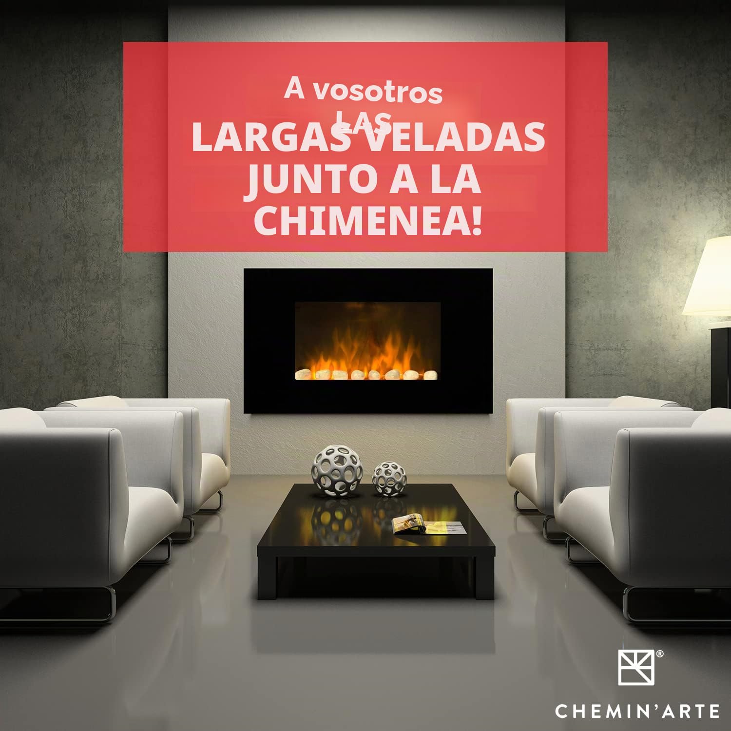 CHEMIN'ARTE Chimenea eléctrica de Pared con calefacción Volcano 3XL 150cm, Efecto de Llama Leds- Chimenea Decorativa bajo Consumo - Mando a Distancia
