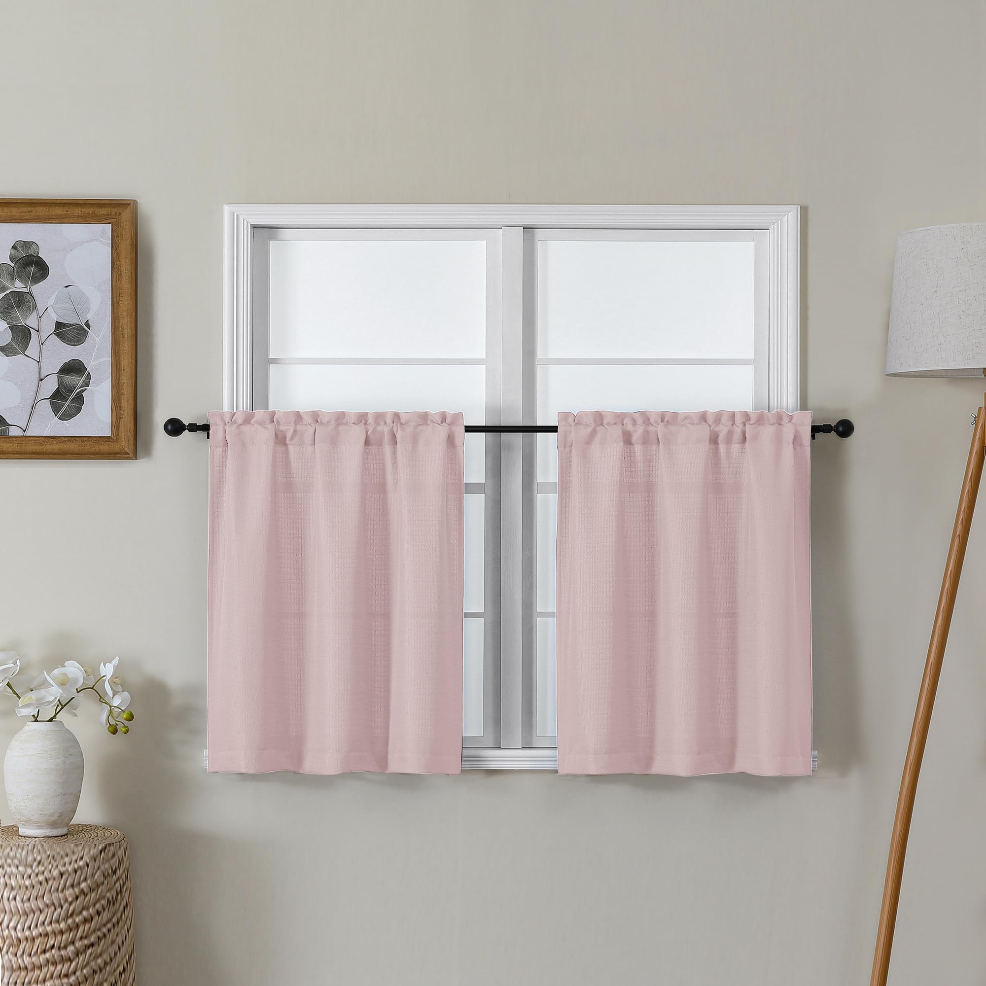 Lecloud Bessie Blush Pink Kitchen Curtains 24 Inch Length 2 Pcs, Faux Linen Textured Short Curtains for Small Windows, Light Filtering Tiers Window Treatments for Bedroom Bathroom, Each 30 W x 24 L