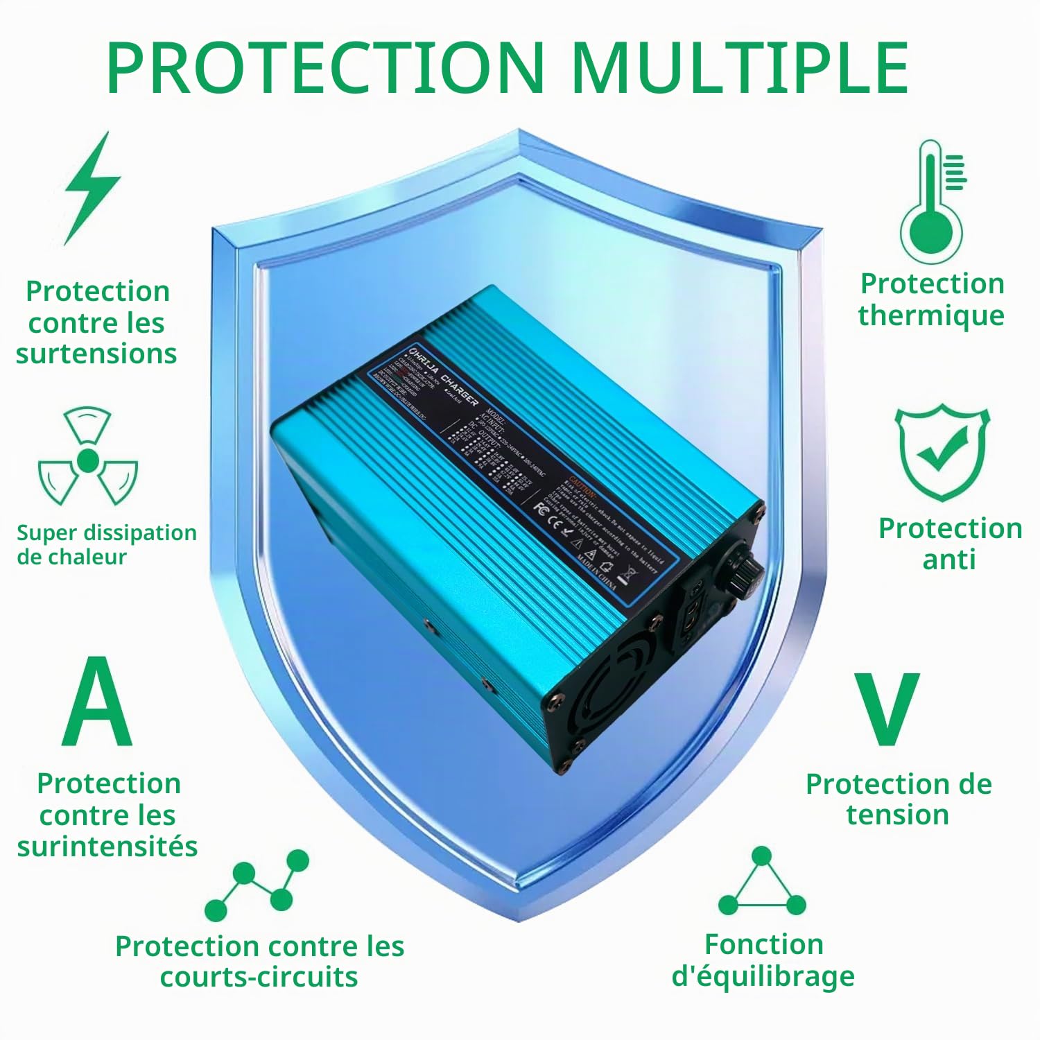 Chargeur de Batterie 54,6 V 5 A pour Batterie Lithium 48 V, Alimentation 48 V 5 A, extérieur Bleu avec connecteur IEC C13 N+ L-