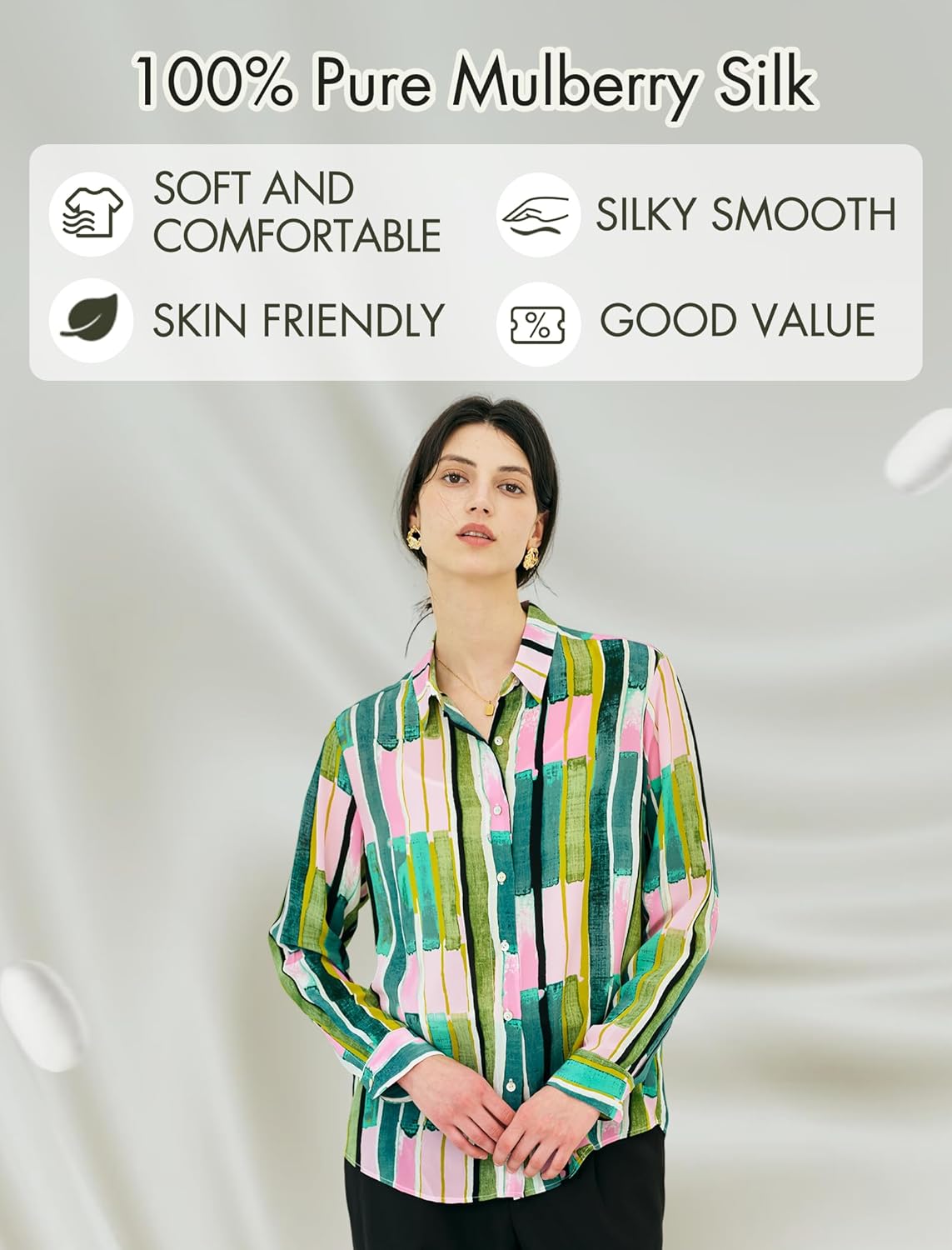 Women's 100% Pure Silk Blouse Long Sleeve Button Down Shirt Spring Summer Elegant Floral Striped Tops Women Smooth Blouses - Image 5