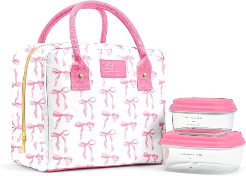 Fit & Fresh Bloomington - Lonchera grande térmica para el trabajo, con contenedores, resistente a las manchas, con cierre, estampado de lazos rosados