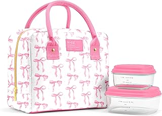 Fit & Fresh Fit & Fresh Bloomington Lunch Bag for Women - Insulated Large Lunch Box for Work with Containers, Leak-Resistant, Stain-Resistant, Zipper Closure, Pink Bows