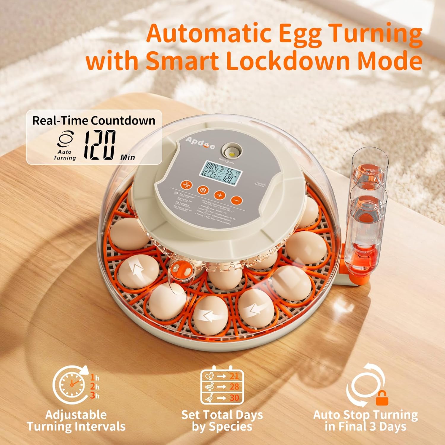 APDOE HatchPro 18 Incubator showing automatic egg turning mechanism and digital display with turning countdown