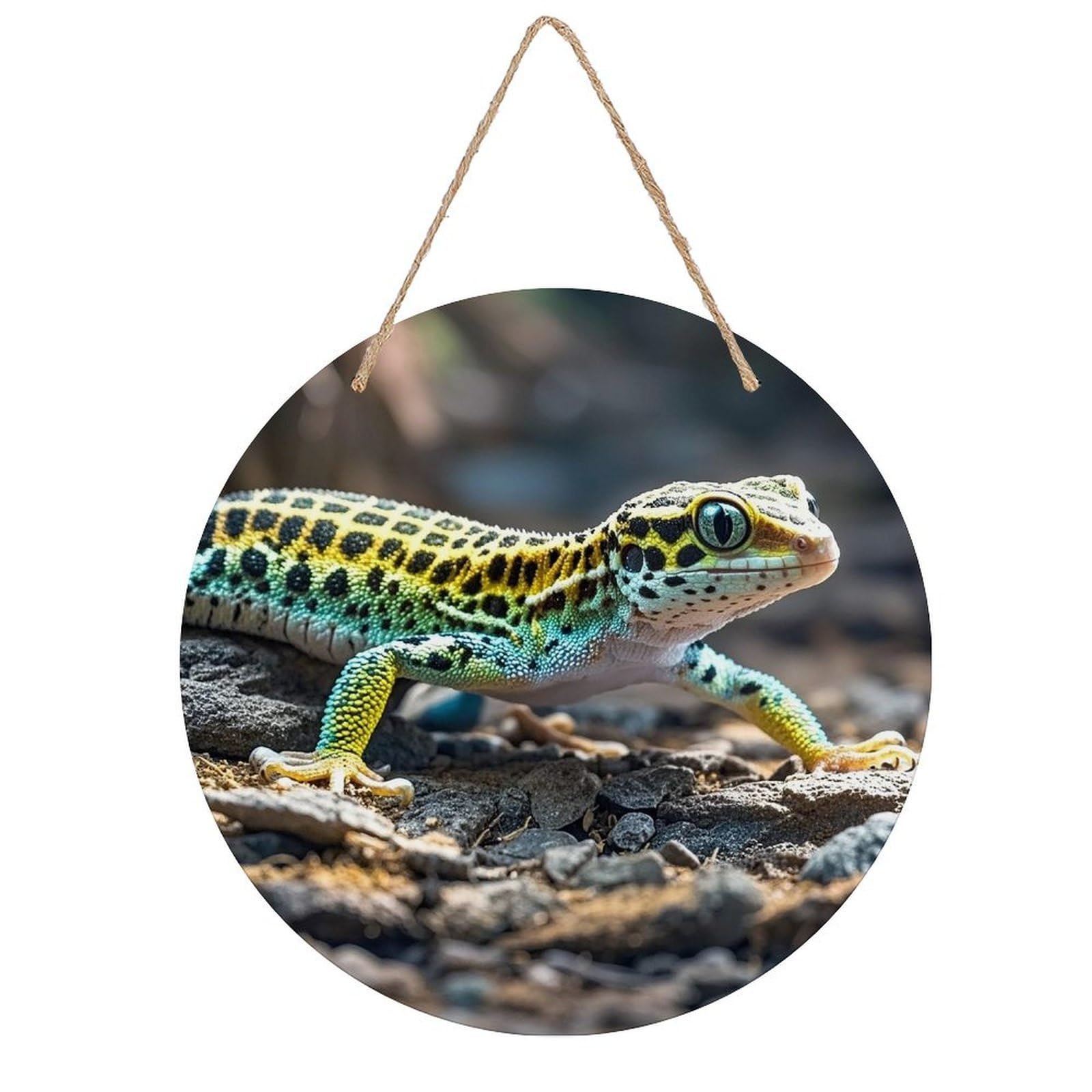 VstaDank Leopard Little Gecko Wooden Wall Art Decor Round Wood Plaque Wooden Door Hanger Sign with Hole And Hanger Rope Trend Wood Decorative Paintings for Home Outdoor Indoor 7.87 Inch