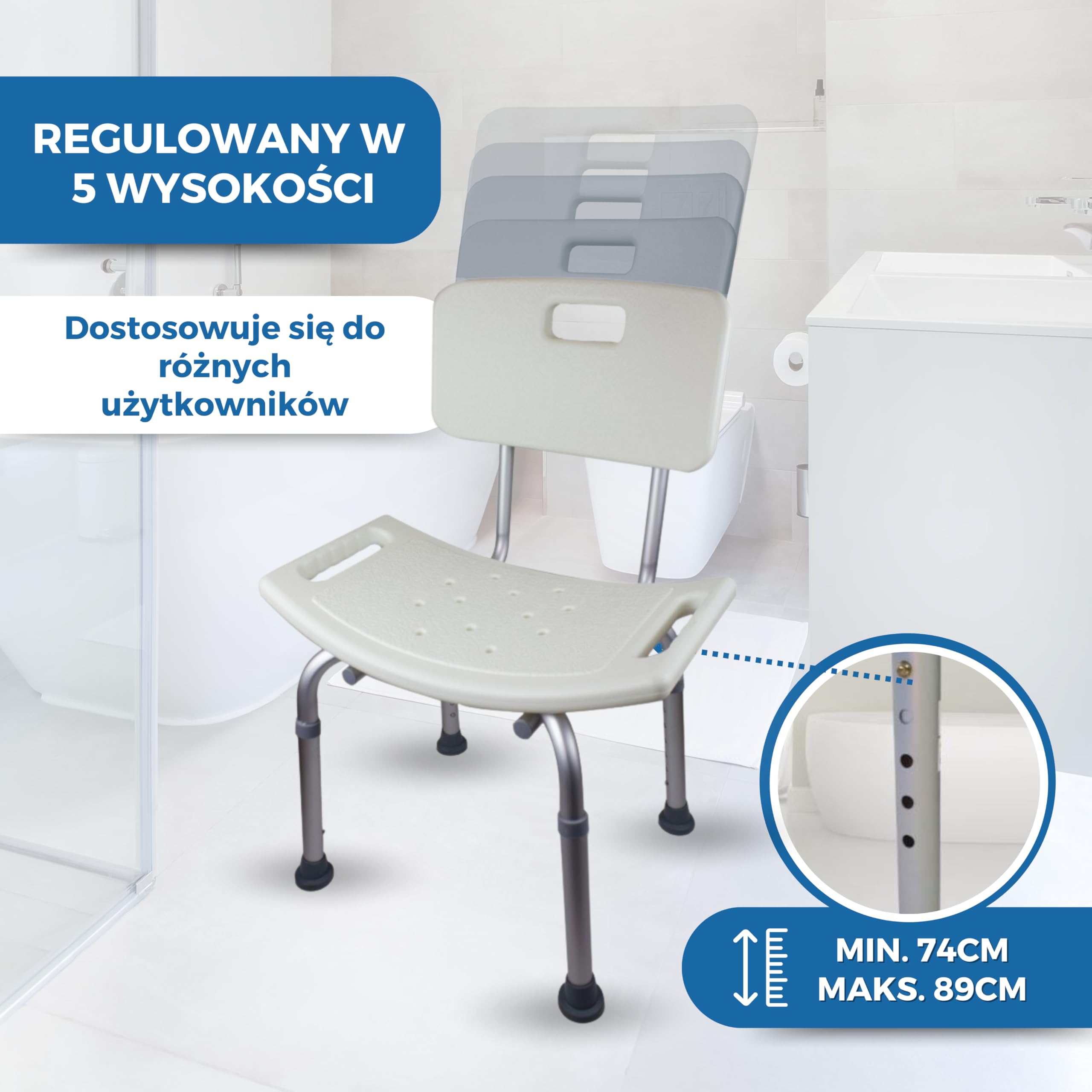 Mobiclinic, Oliwkowy, krzesło prysznicowe dla seniorów, ortopedyczny, stołek prysznicowy dla osób starszych, regulowana wysokość, krzesło do kąpieli z oparciem, antypoślizgowe uchwyty