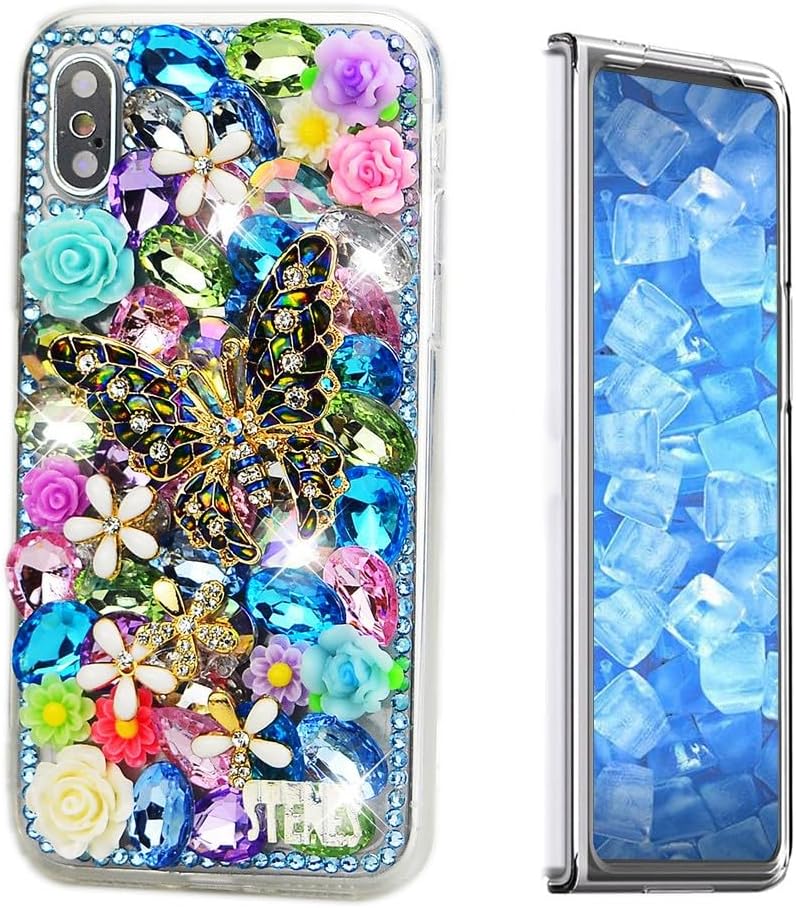 STENES Sparkle Case Compatible with Samsung Galaxy Z Fold 2 5G Case - Stylish - 3D Handmade Bling Retro Butterfly Flowers Rhinestone Crystal Diamond Design Girls Women Cover - Multi Colorful