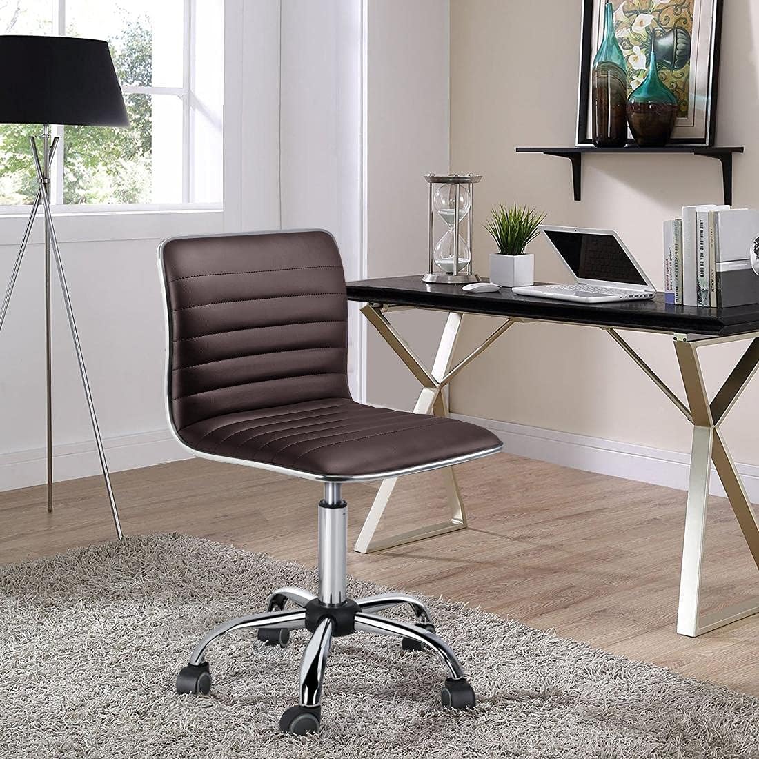 Yaheetech Executive Armless PU Leather Ergonomic Chair Office Task Low Back Swivel Chair w/Backrest Wheels for Study Office, Brown