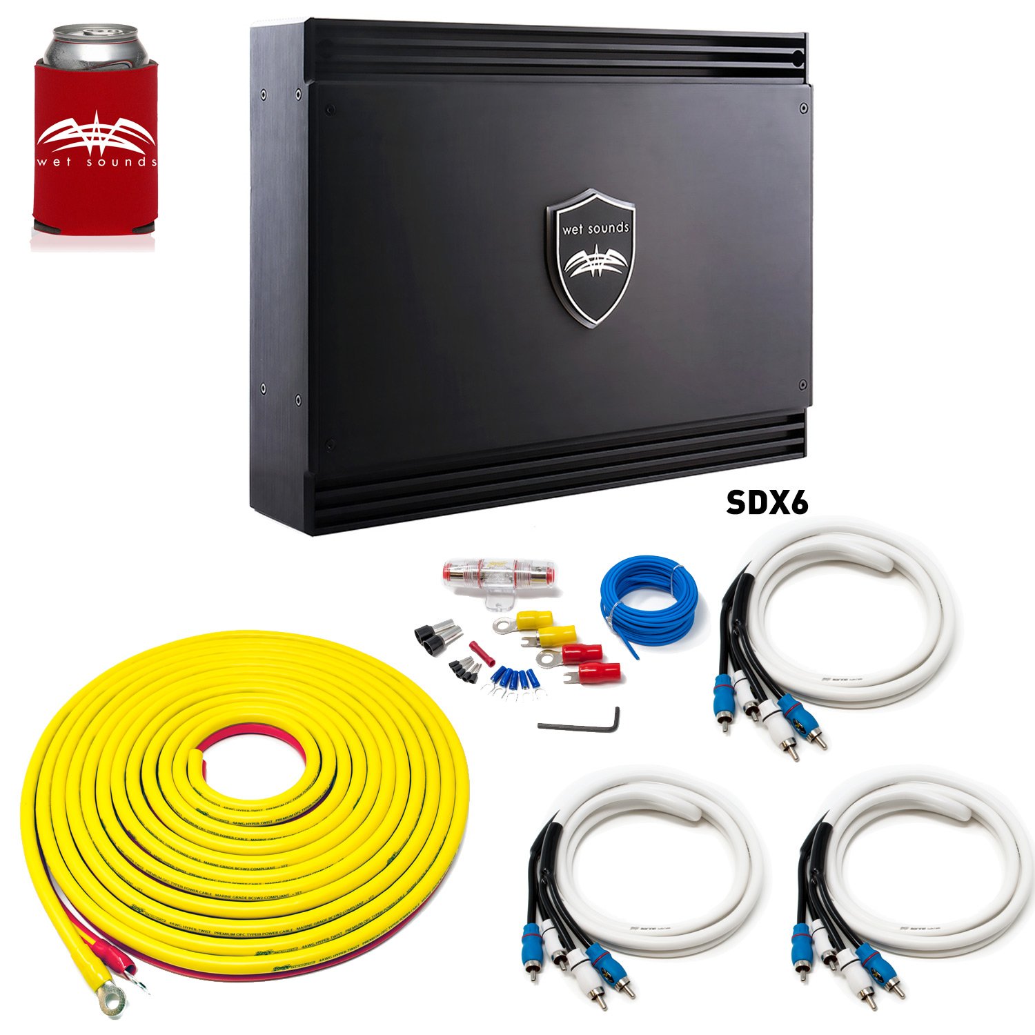 Wet Sounds Sinister SDX6 6-Channel Amplifier & Stinger 7-Meter 4-Gauge Amplifier Wiring Kit w/RCAs