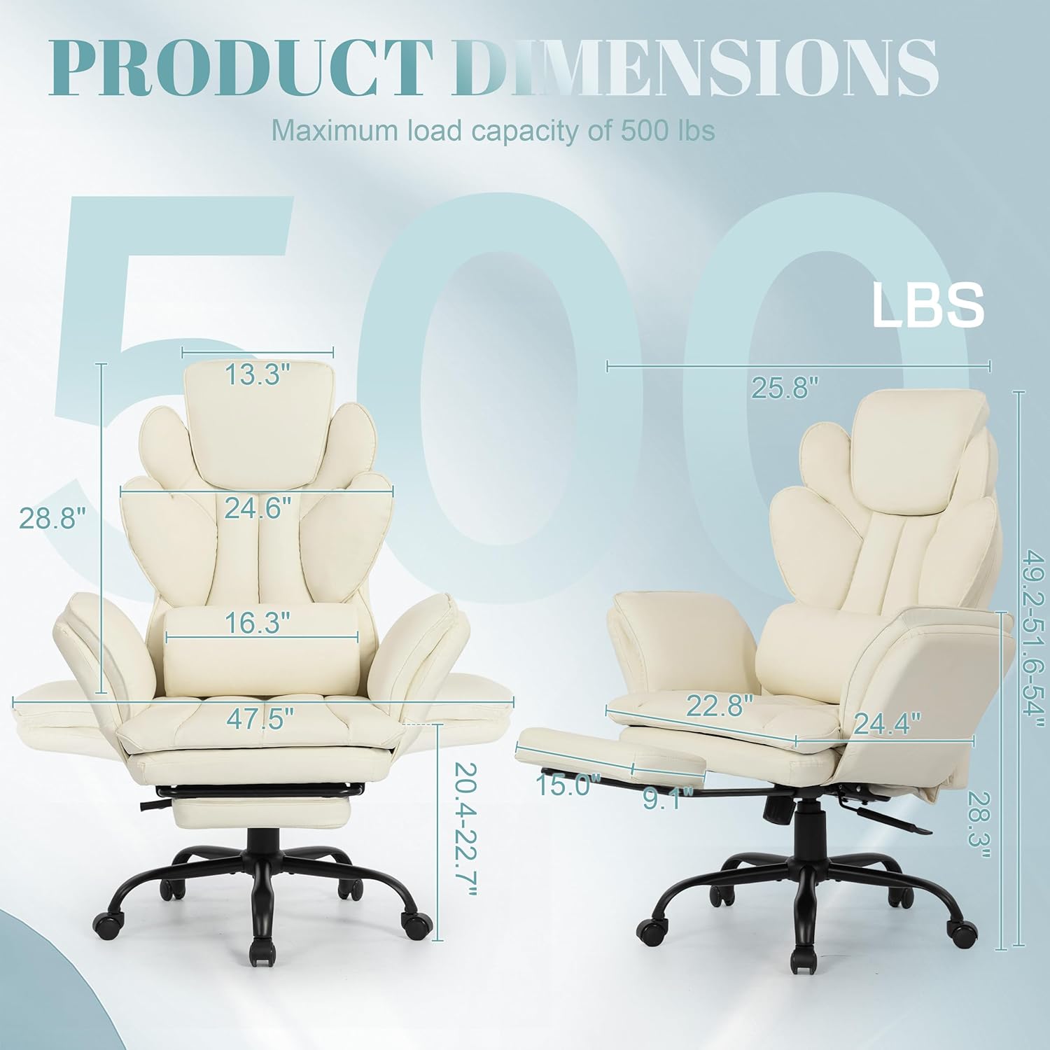 Big and Tall Office Chair, Flip Armrests Criss Cross Office Chair, Reclining Desk Chair with Foot Rest, Adjustable Headrest, Massage Waist Pillow Cross Legged Wide Seat Vanity Chair, PU Leather White