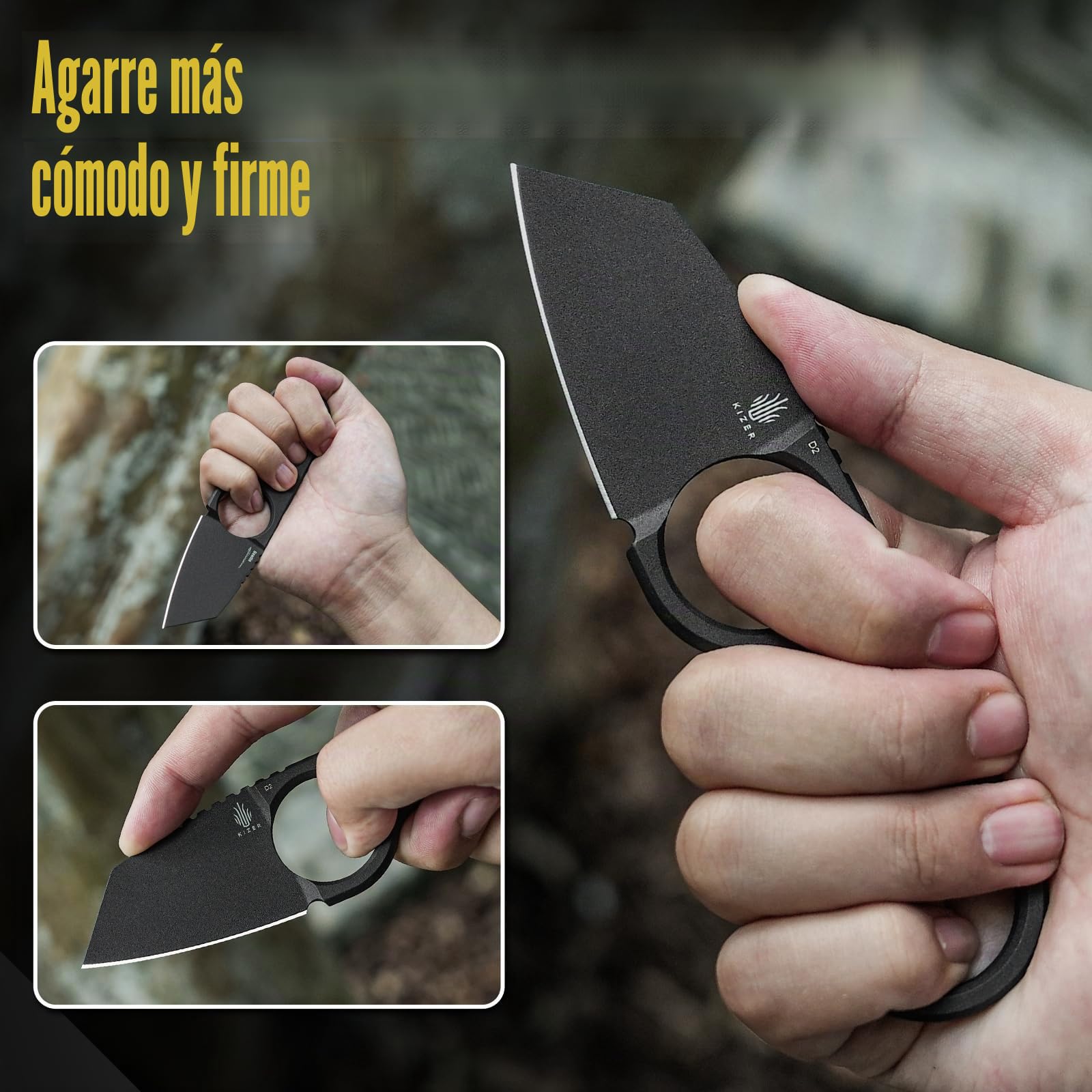 Kizer Bowtie Cuchillo de Hoja Fija Pequeño, Cuchillo de Caza EDC de Acero D2, 5,83" de Largo Transporte Horizontal, Negro Neck Knives, Cuchillos de Supervivencia para Acampada con Funda, 1061A2