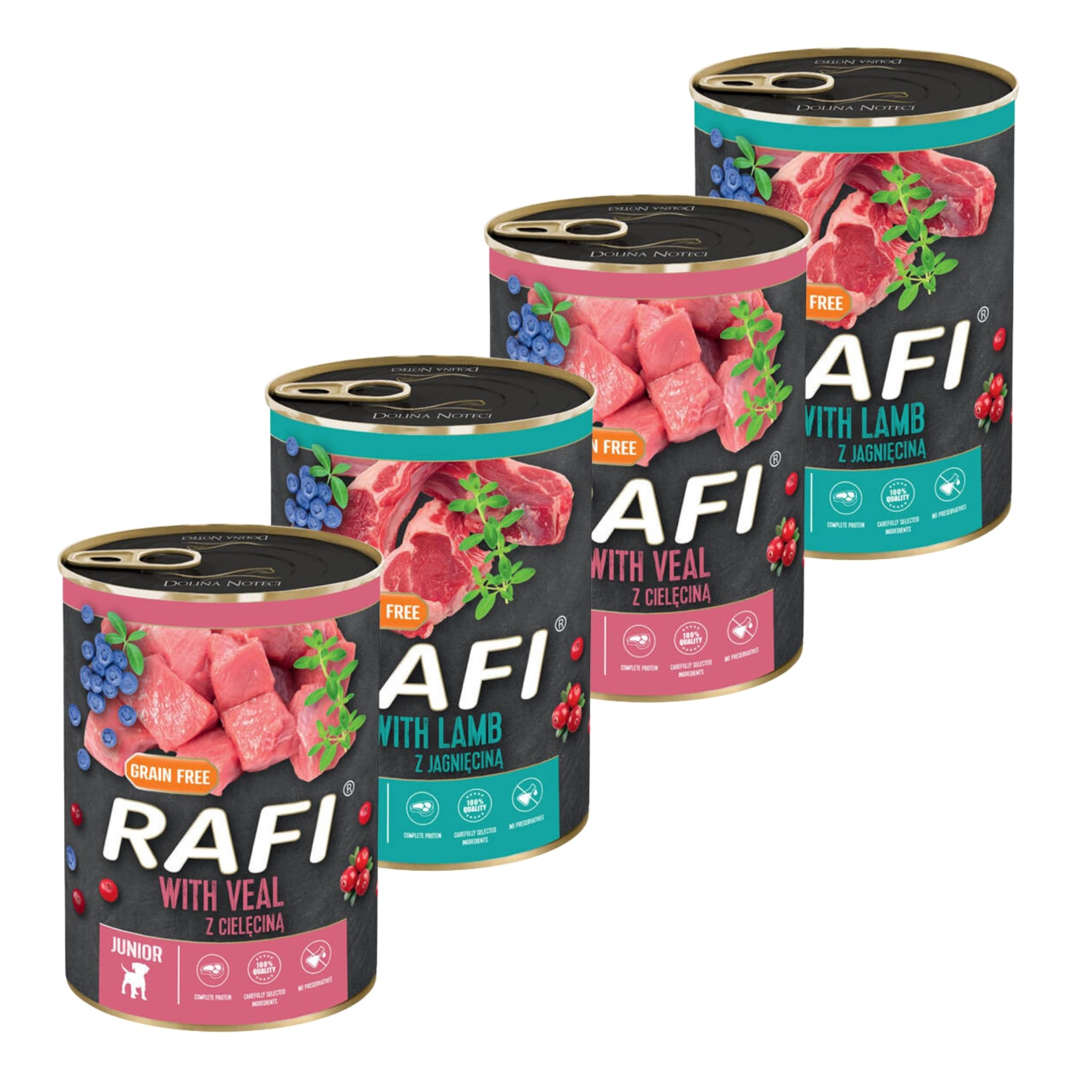 Rafi Junior Complete Wet Dog Food Veal & Lamb Mixed Selection Grain Free Puppies & Young Dogs 4 x 400g Cans