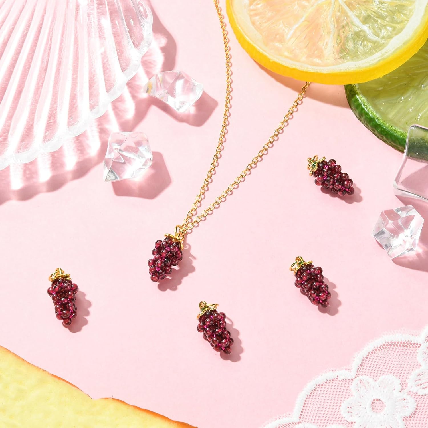 LiQunSweet 5 pcs Natural Garnet Purple Grape Charms Imitation Fruit Food Gemstone Charms for DIY Jewelry Bracelet Necklace Earring Bag Keychain Decor - Image 6